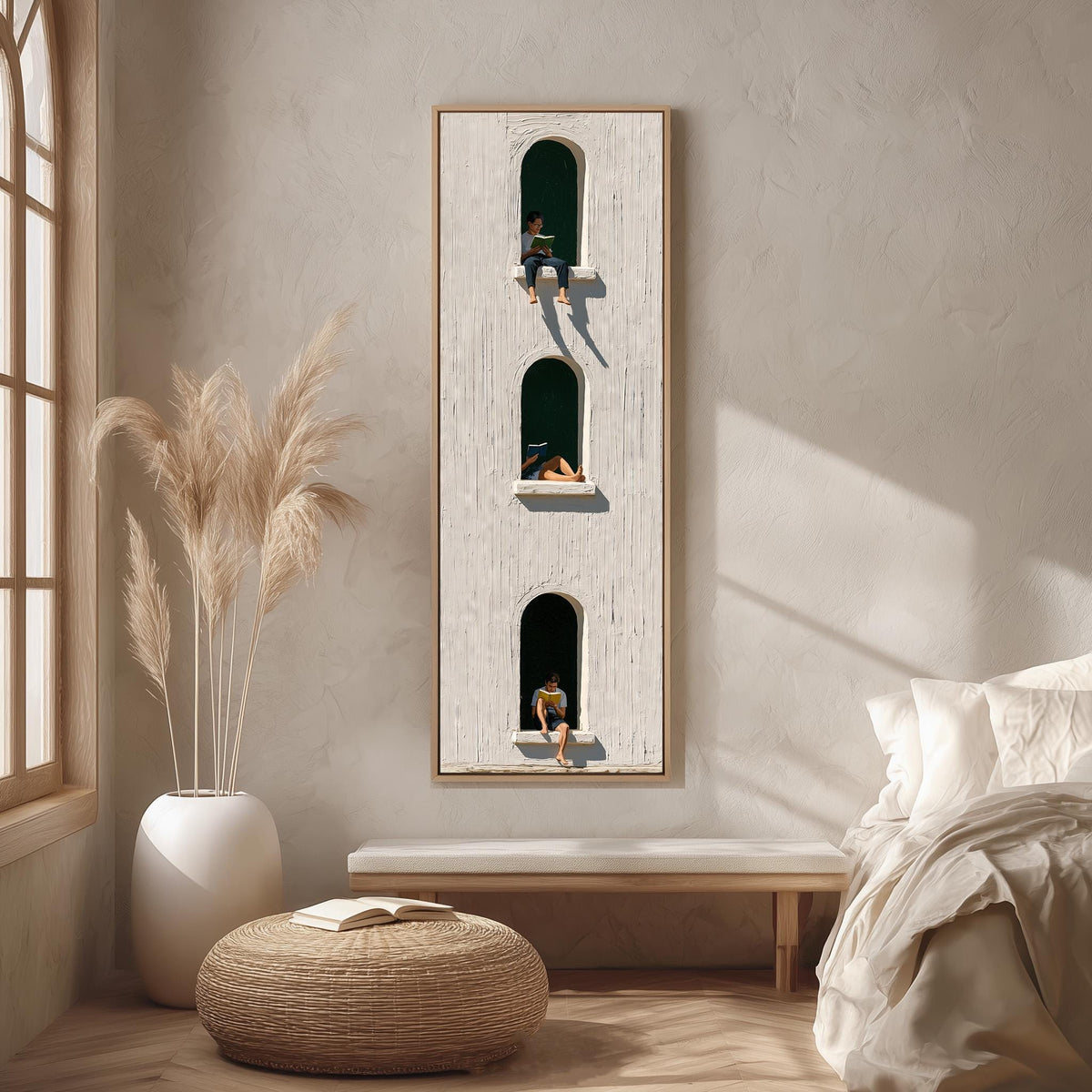People reading in arched windows on a whitewashed wall long vertical canvas print in a bright reading corner
