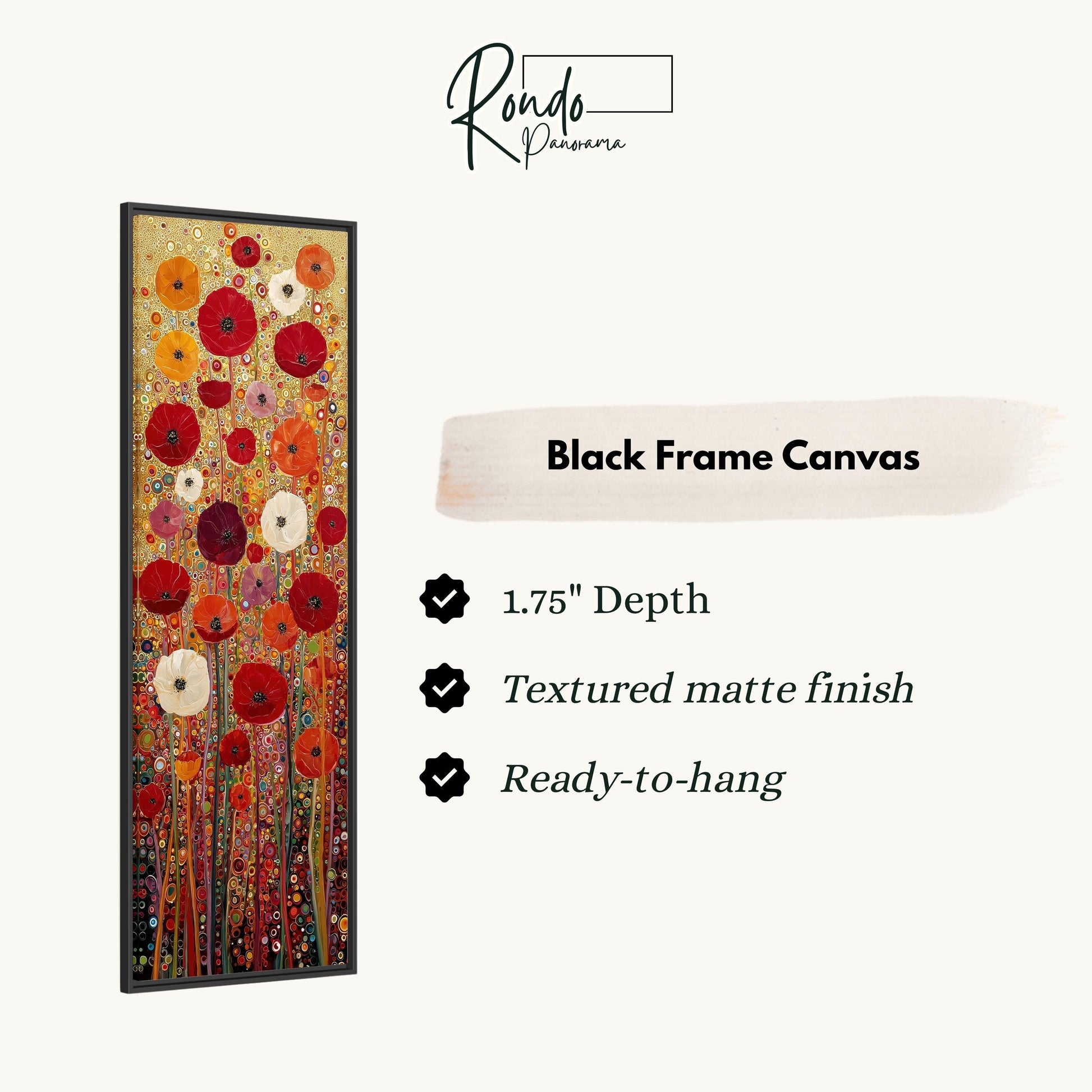 The image is a black frame canvas with a vibrant floral design of red and orange flowers. The canvas is described as having a 1.75" depth, a textured matte finish, and is ready to hang.
