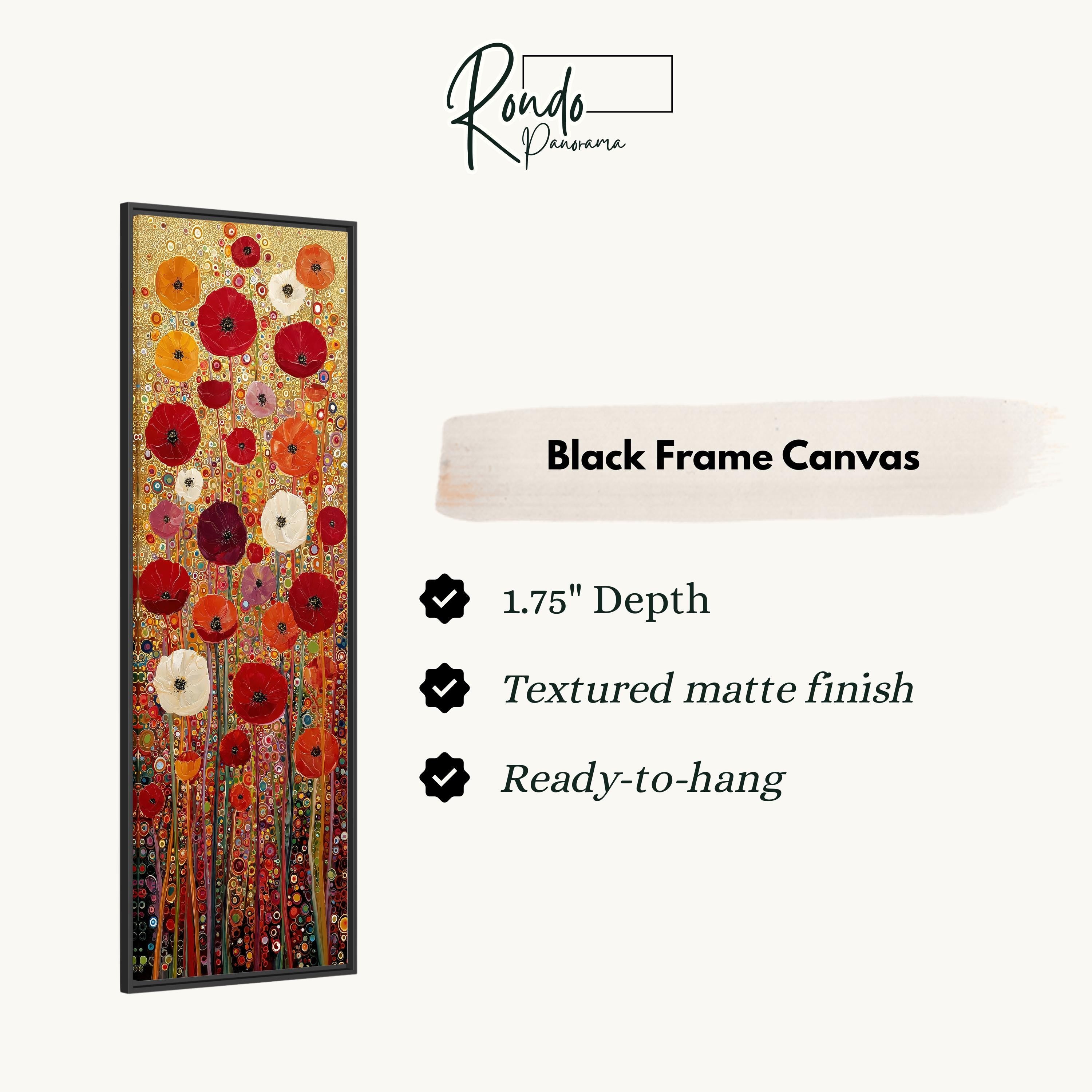 The image is a black frame canvas with a vibrant floral design of red and orange flowers. The canvas is described as having a 1.75" depth, a textured matte finish, and is ready to hang.