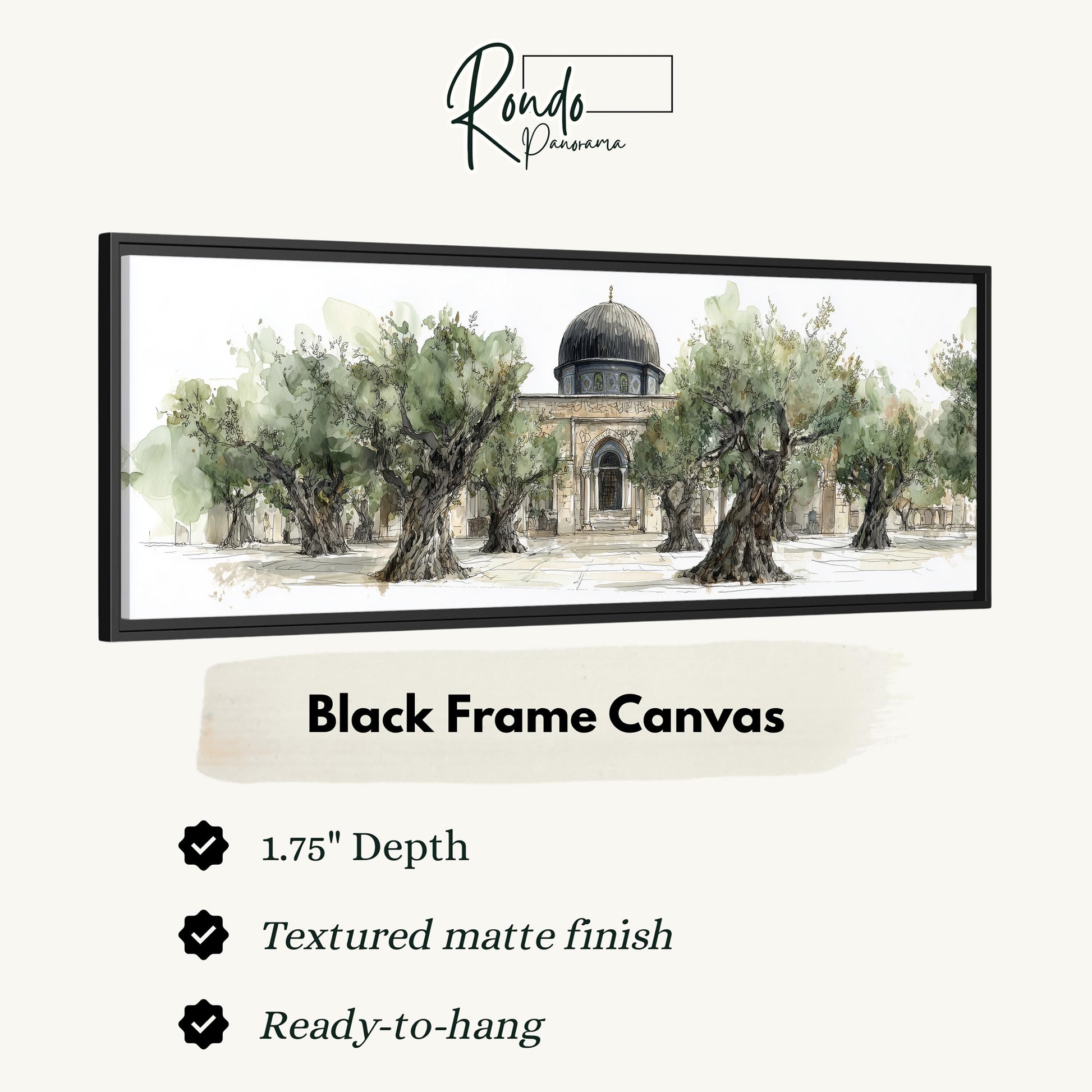 The image is a black frame canvas depicting a painting of a building with a dome, surrounded by trees.