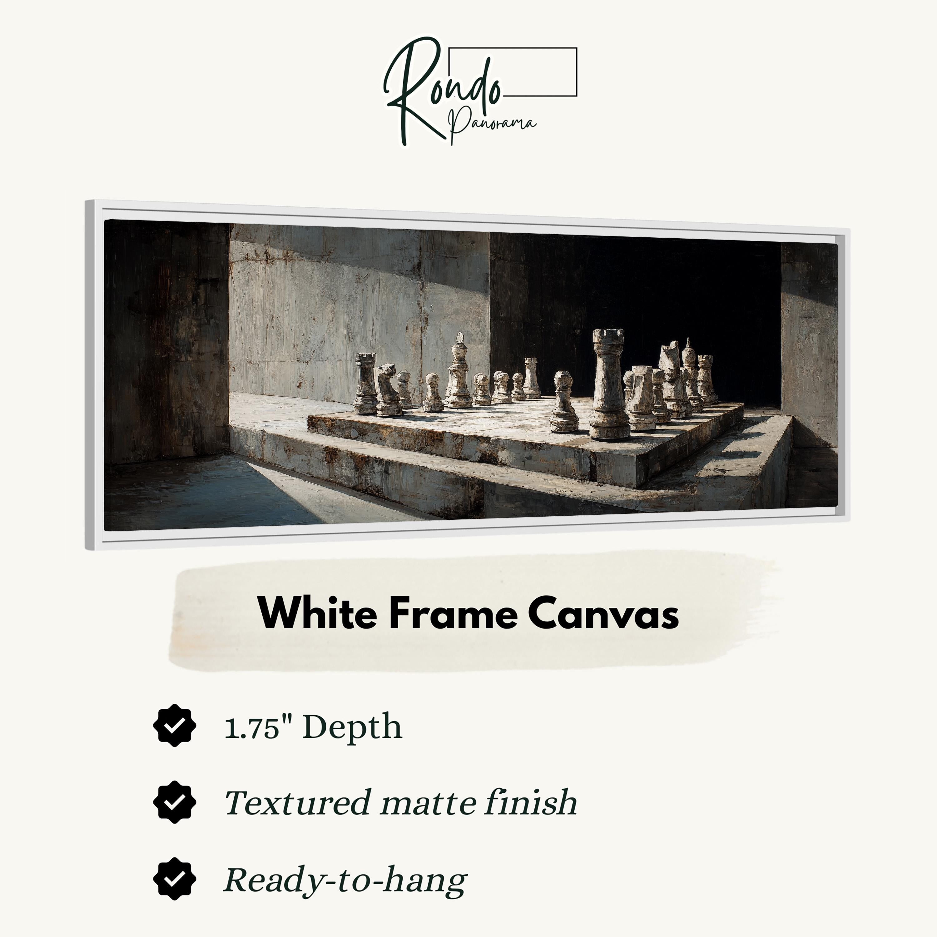 The image is a framed canvas depicting a chess set on a chessboard, with a textured matte finish and a depth of 1.75 inches.