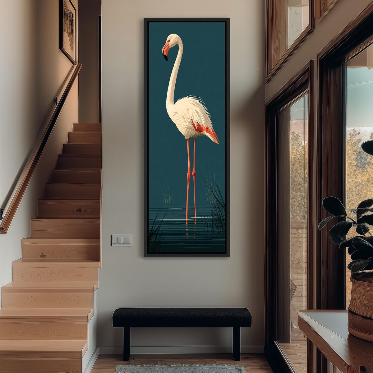 Pale flamingo standing on dark teal tall narrow canvas print beside a staircase in an entryway