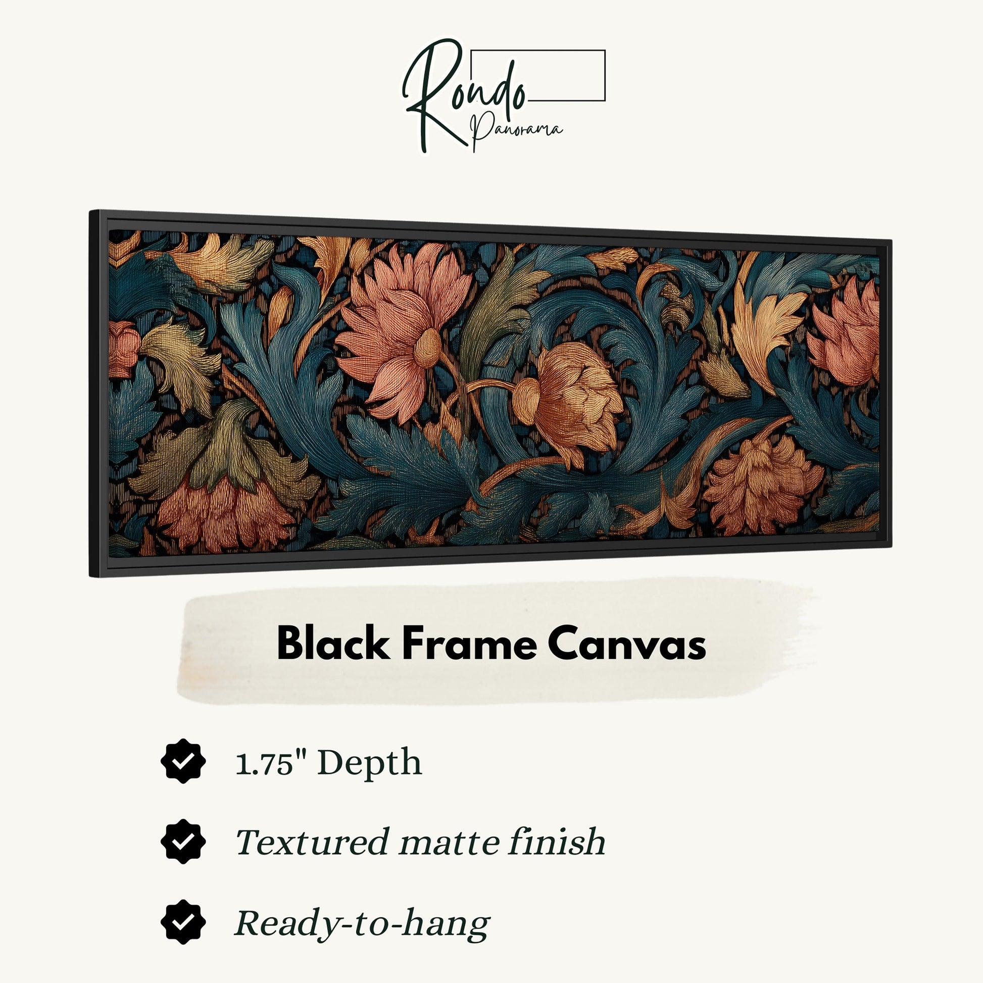 The image is a black frame canvas with a floral pattern in shades of blue, green, and orange.