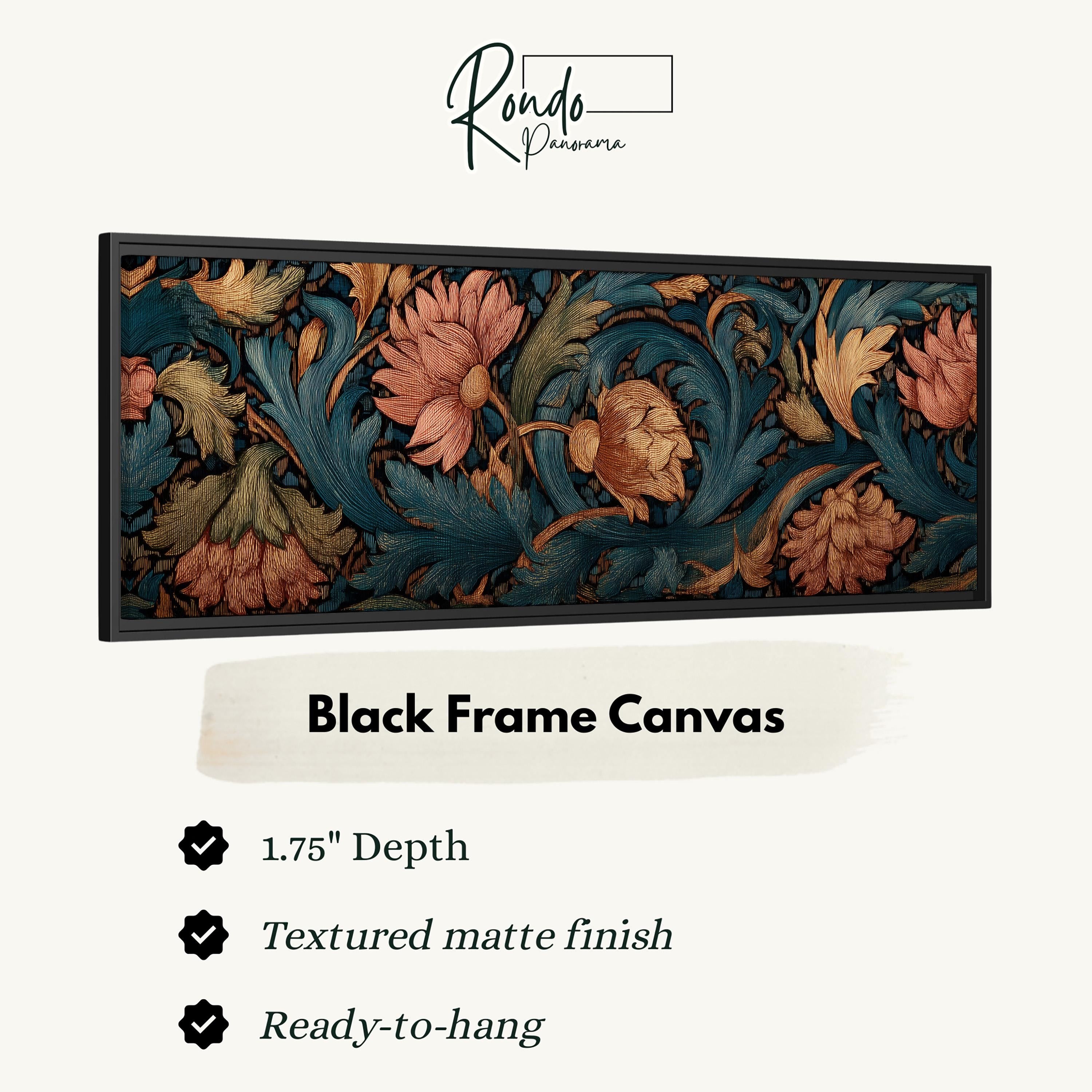 The image is a black frame canvas with a floral pattern in shades of blue, green, and orange.