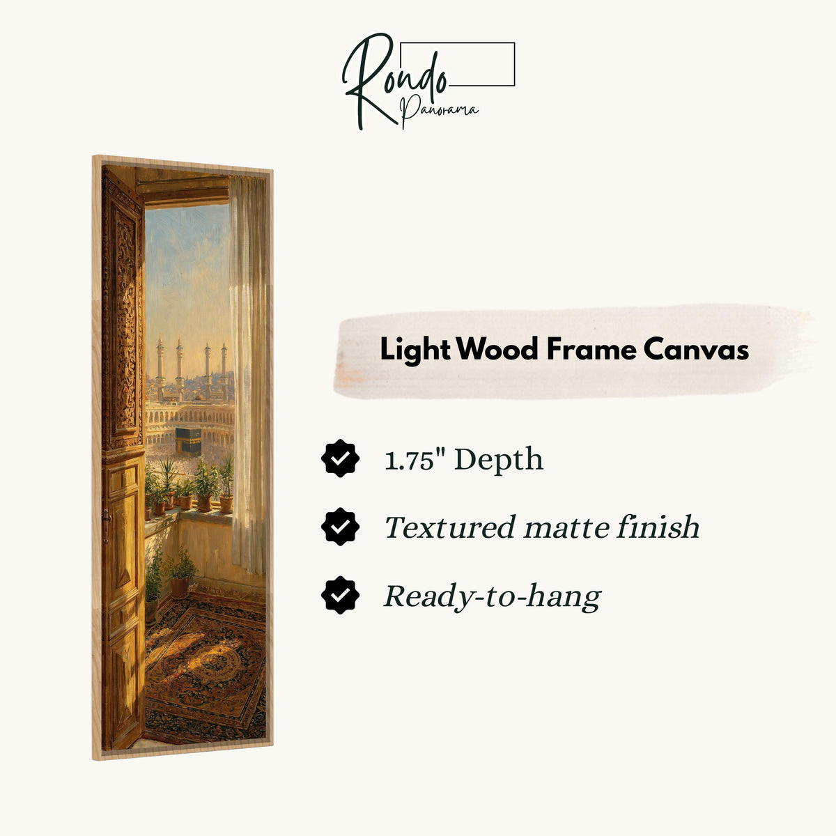 View of Mecca from an ornate window canvas print in a light wood floating frame