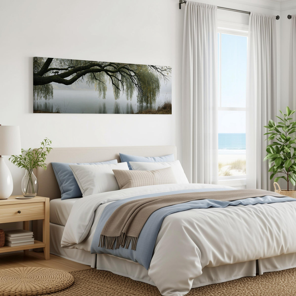 Weeping willow over a misty lake panoramic canvas print above a bed in a coastal bedroom