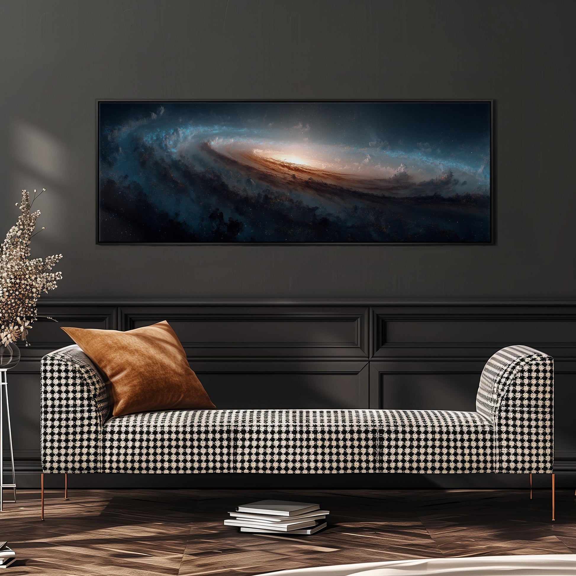 a large, black and white checkered sofa with a brown throw pillow, positioned in front of a dark wall with a framed painting hanging above it.