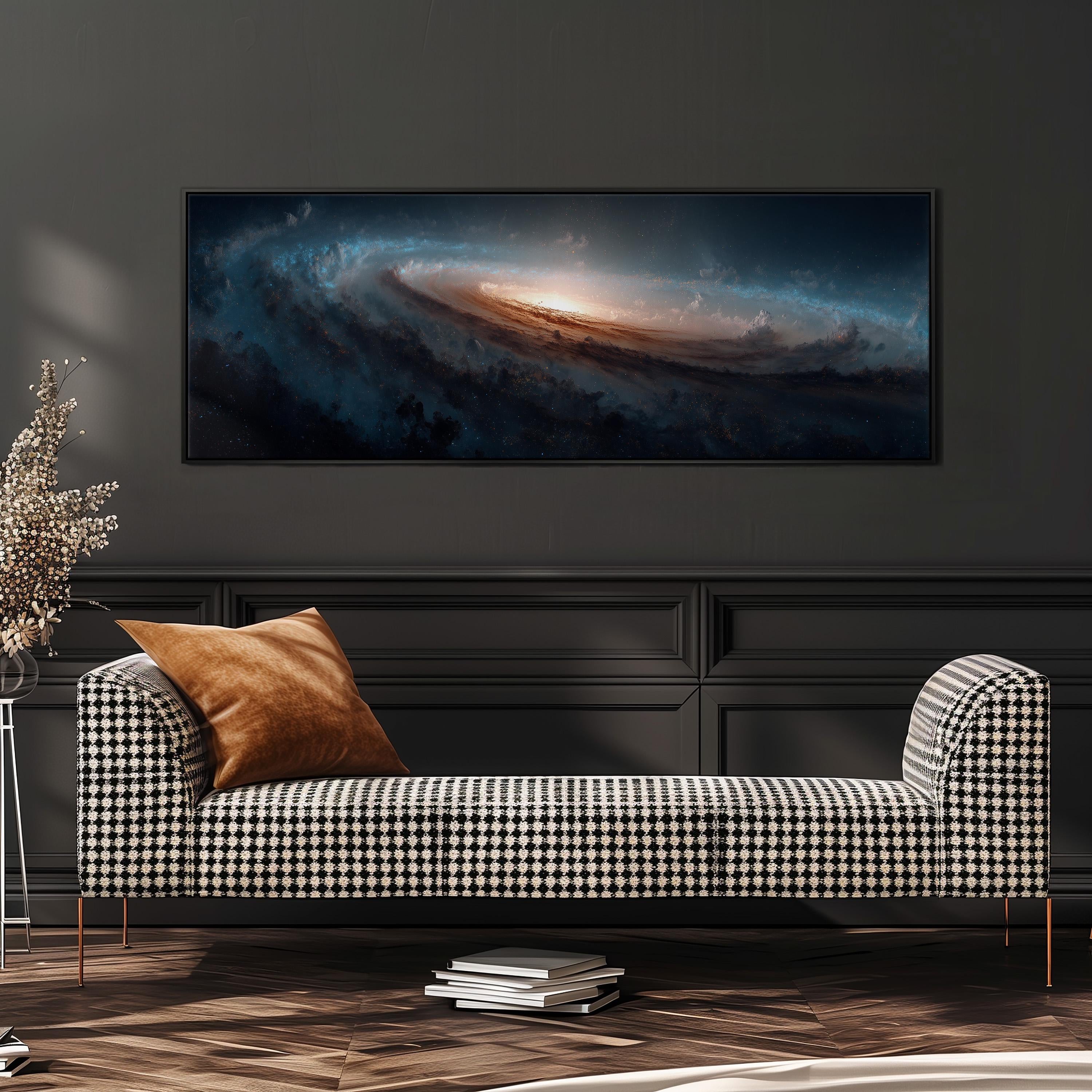a large, black and white checkered sofa with a brown throw pillow, positioned in front of a dark wall with a framed painting hanging above it.