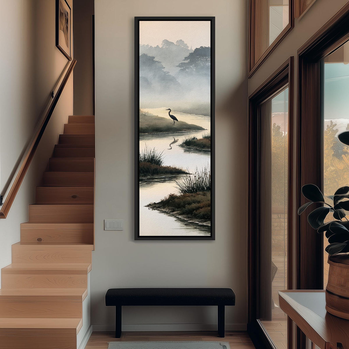 Heron in a misty wetland stream tall narrow canvas print beside a staircase in an entryway