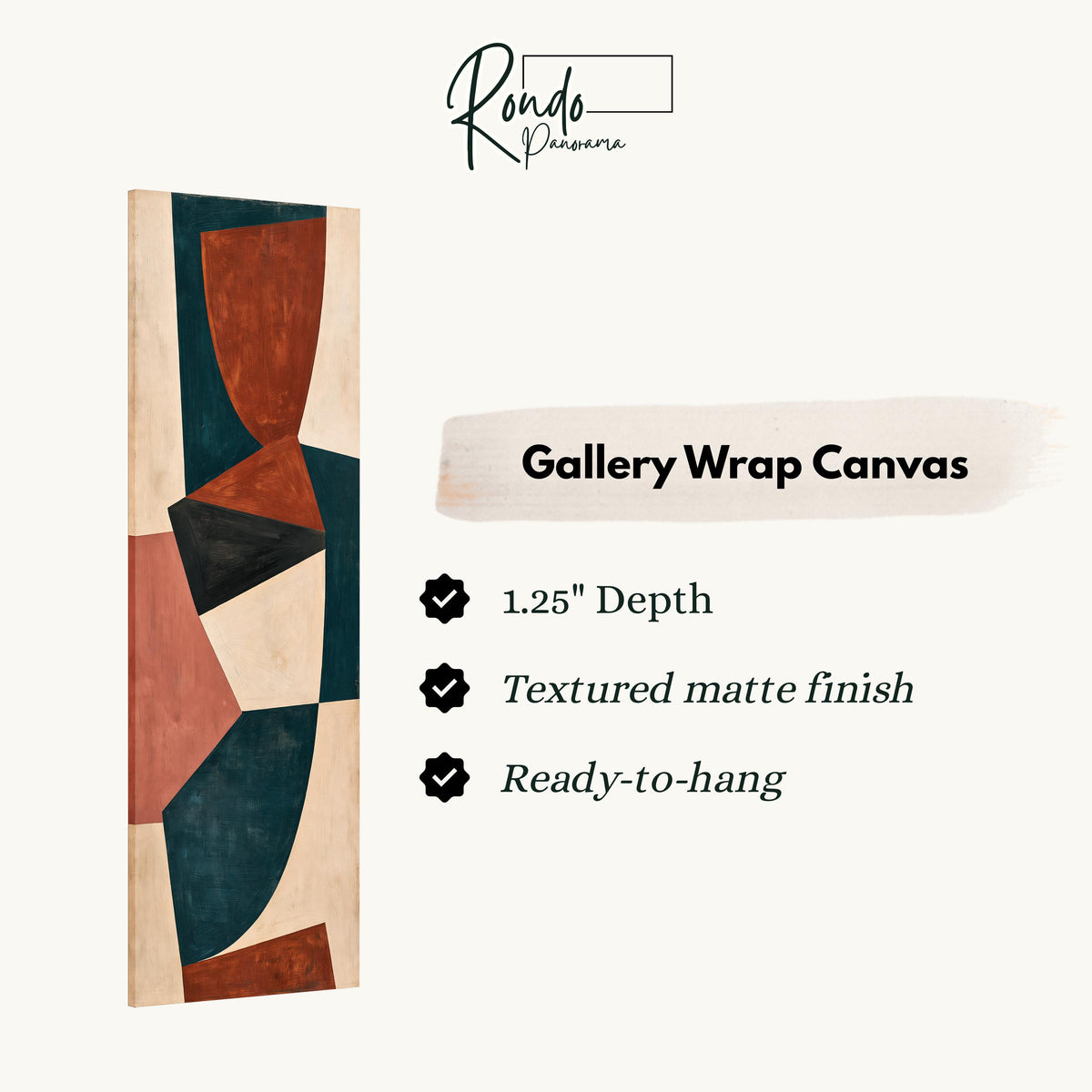 Curved blocks in rust, teal and cream gallery wrap canvas with the image wrapped around the edges