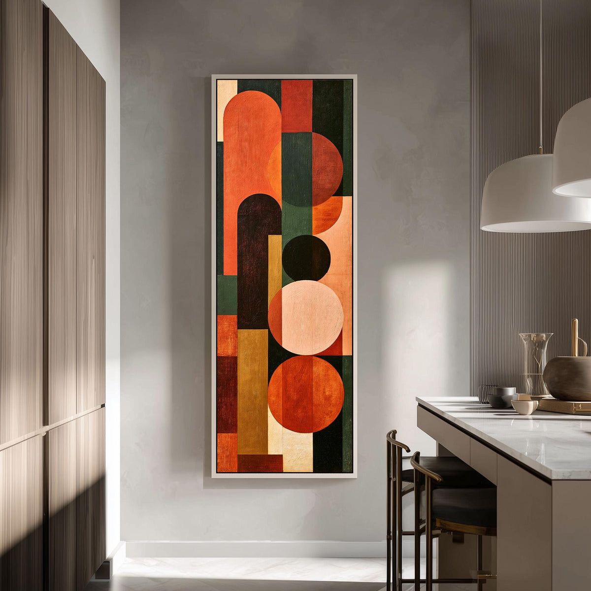 Terracotta, navy and blush arch and circle totem tall skinny canvas print in a modern kitchen