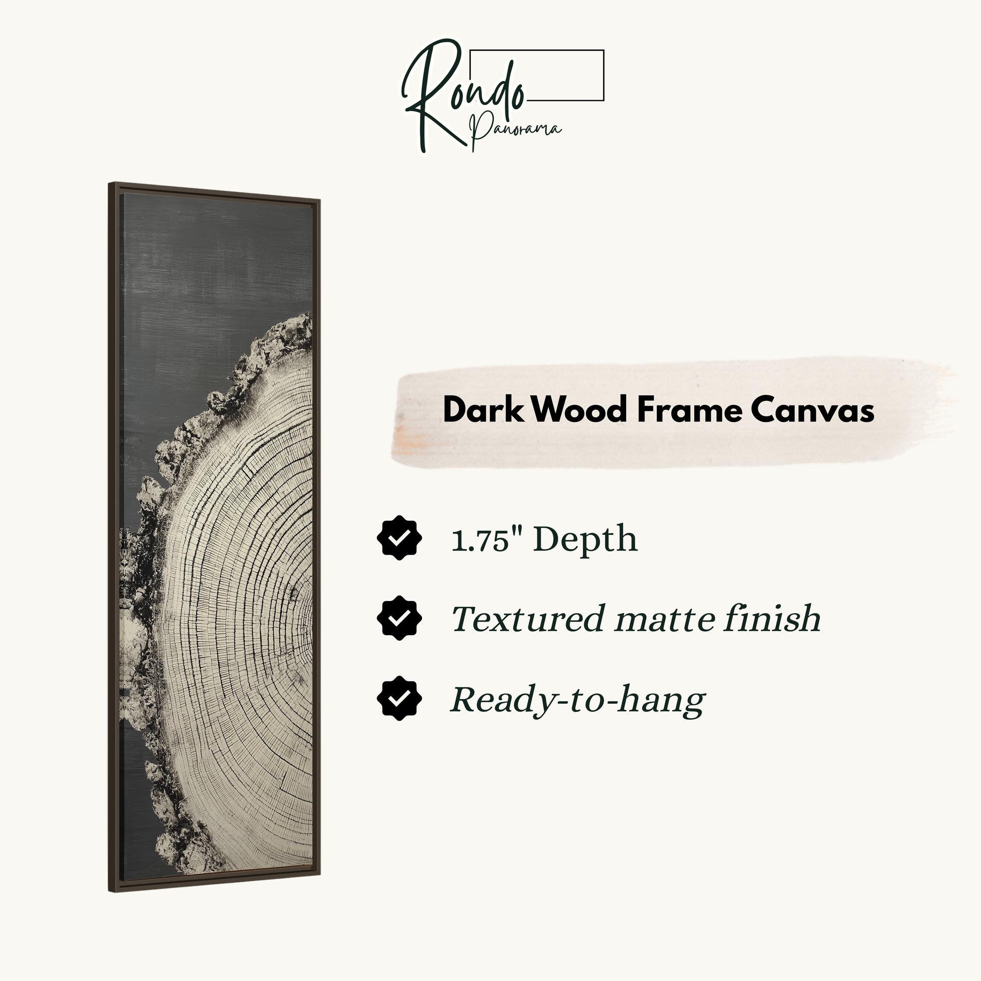 The image is a dark wood frame canvas with a tree trunk design.