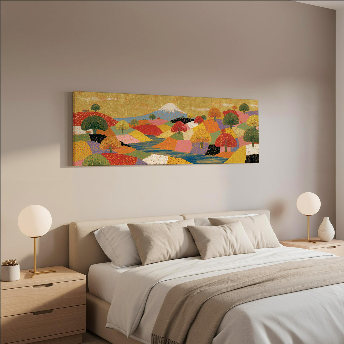 Mount Fuji over golden patchwork hills wide panoramic canvas print above a bed in a neutral bedroom