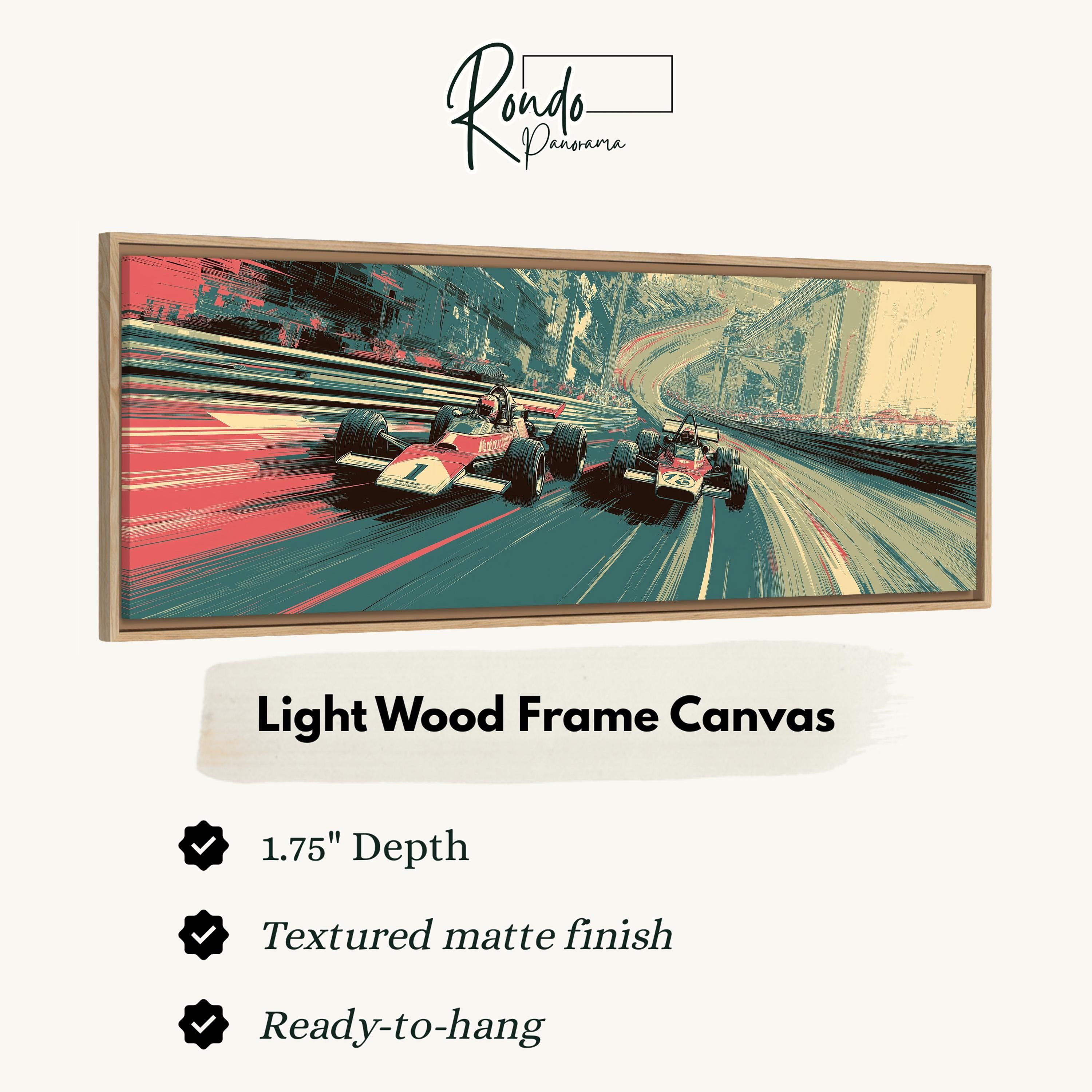 The image is a framed canvas depicting two Formula One race cars speeding down a curvy track.