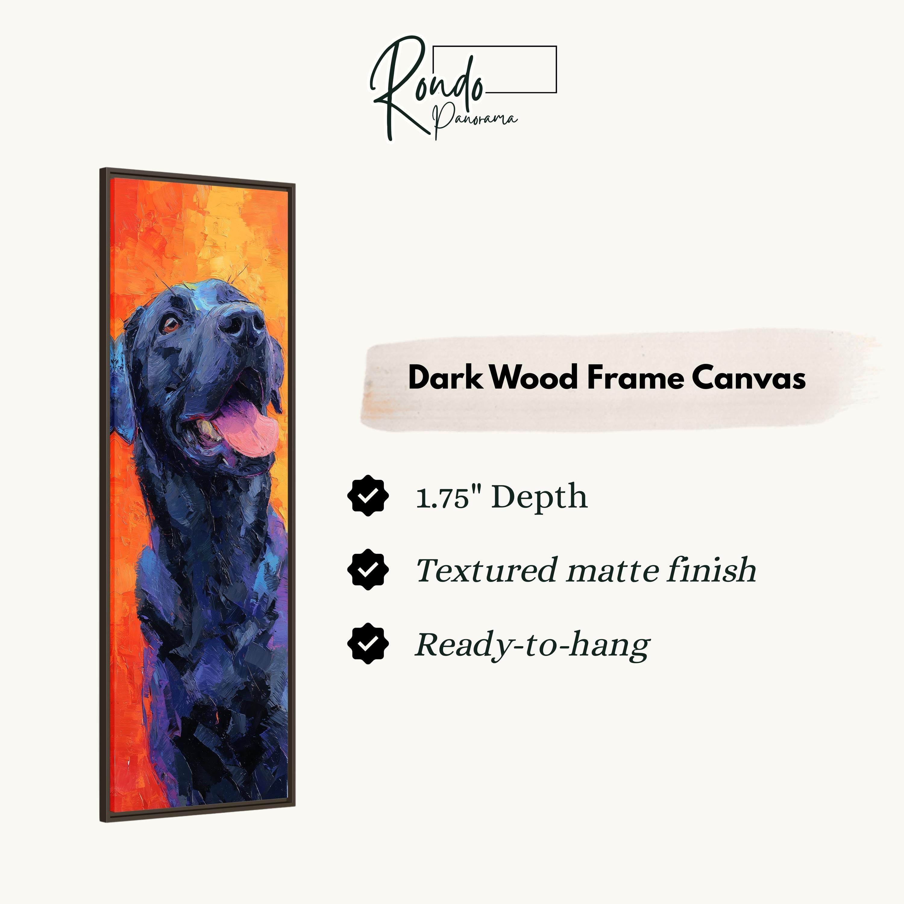 The image is a rectangular canvas featuring a black dog with an orange background. The text provides information about the dark wood frame canvas, including its 1.75" depth, textured matte finish, and ready-to-hang feature.