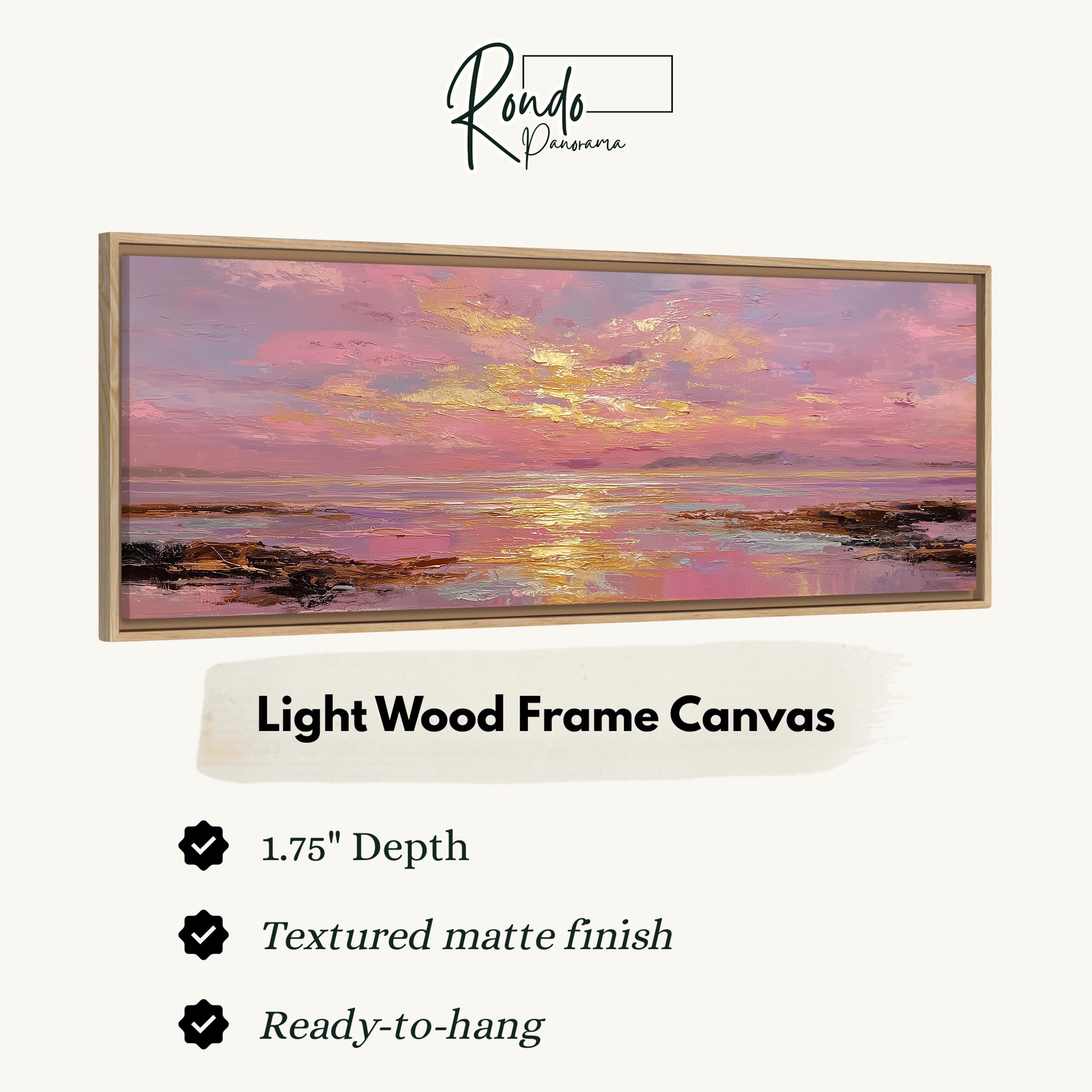 The image is a framed artwork depicting a sunset over a body of water, with a text box providing information about the artwork.