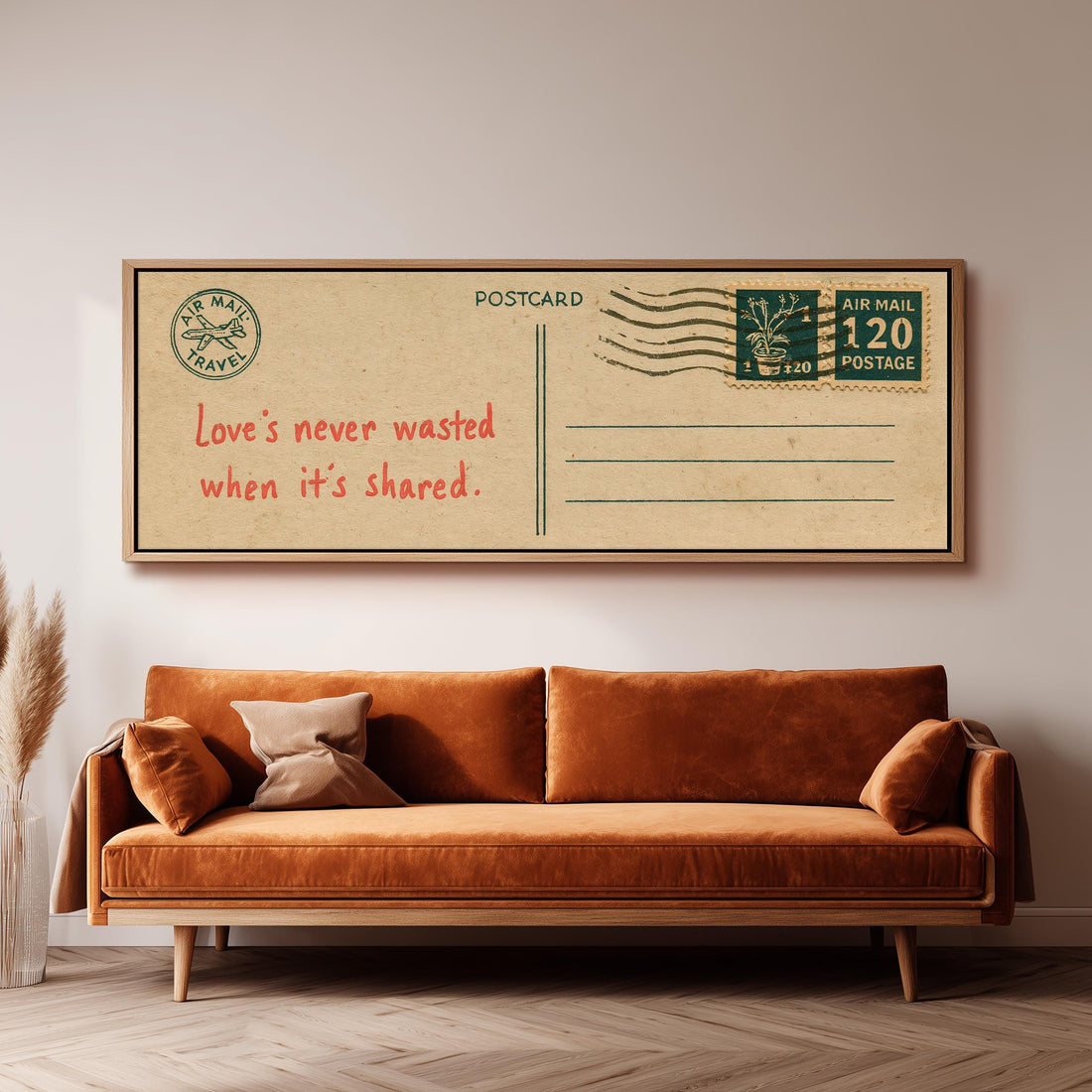 Vintage postcard with a love quote long horizontal canvas print above a sofa in a living room