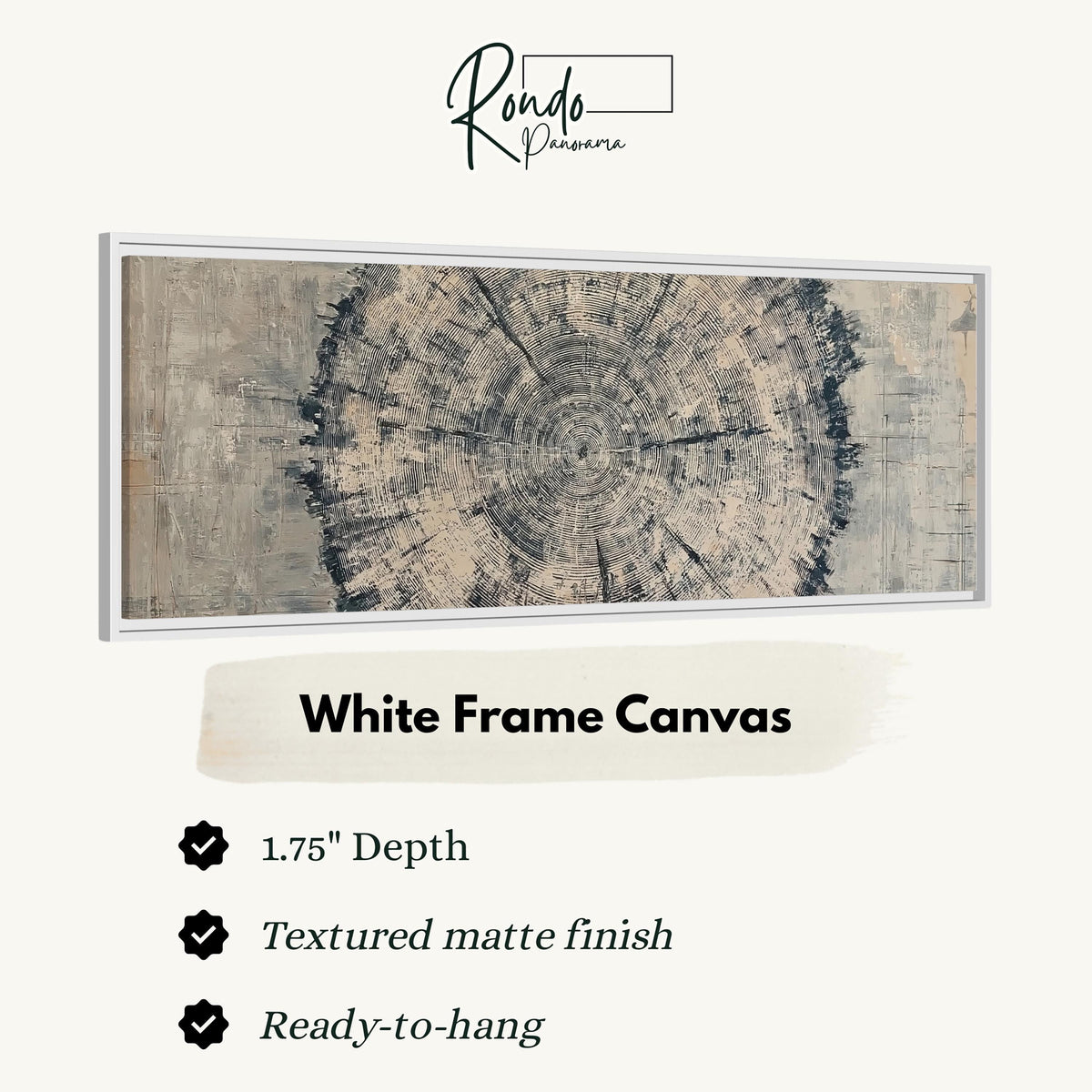Navy ink tree ring canvas print in a white floating frame