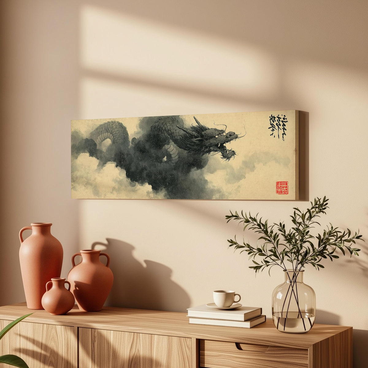 Storm dragon emerging from ink clouds long horizontal canvas print displayed on a wall
