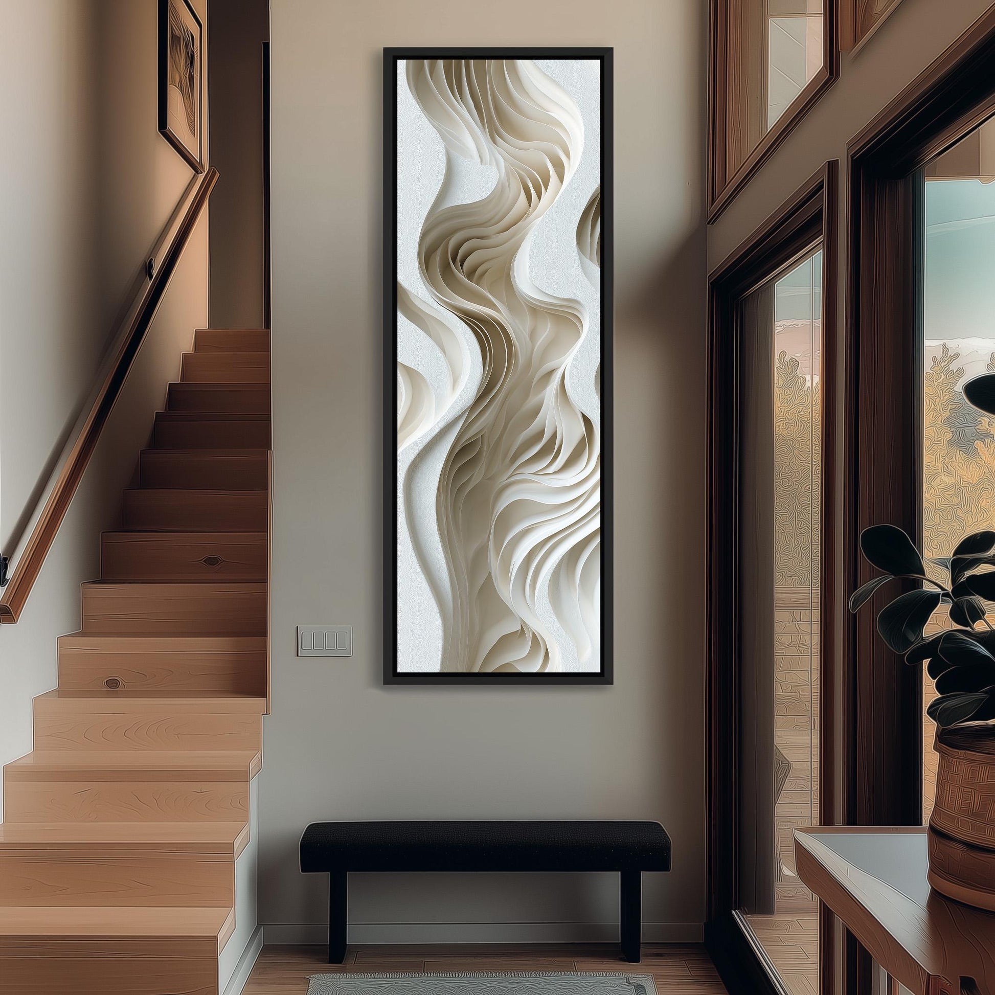 a modern and minimalist interior design with a large abstract artwork hanging on the wall, a wooden staircase, and a black bench in the foreground.
