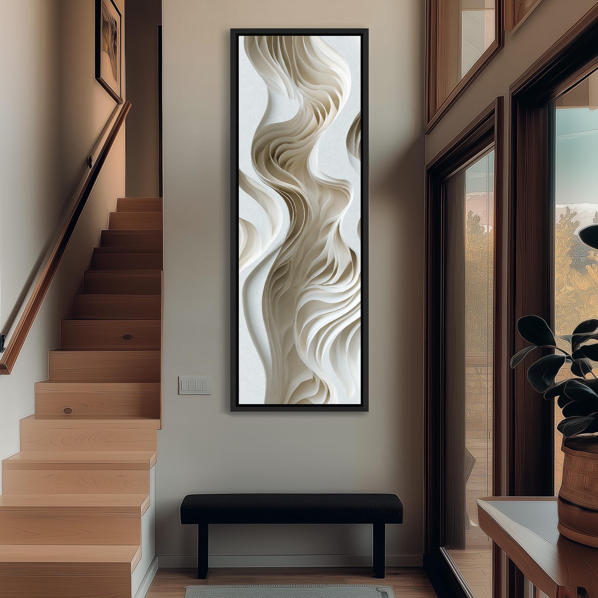 a modern and minimalist interior design with a large abstract artwork hanging on the wall, a wooden staircase, and a black bench in the foreground.