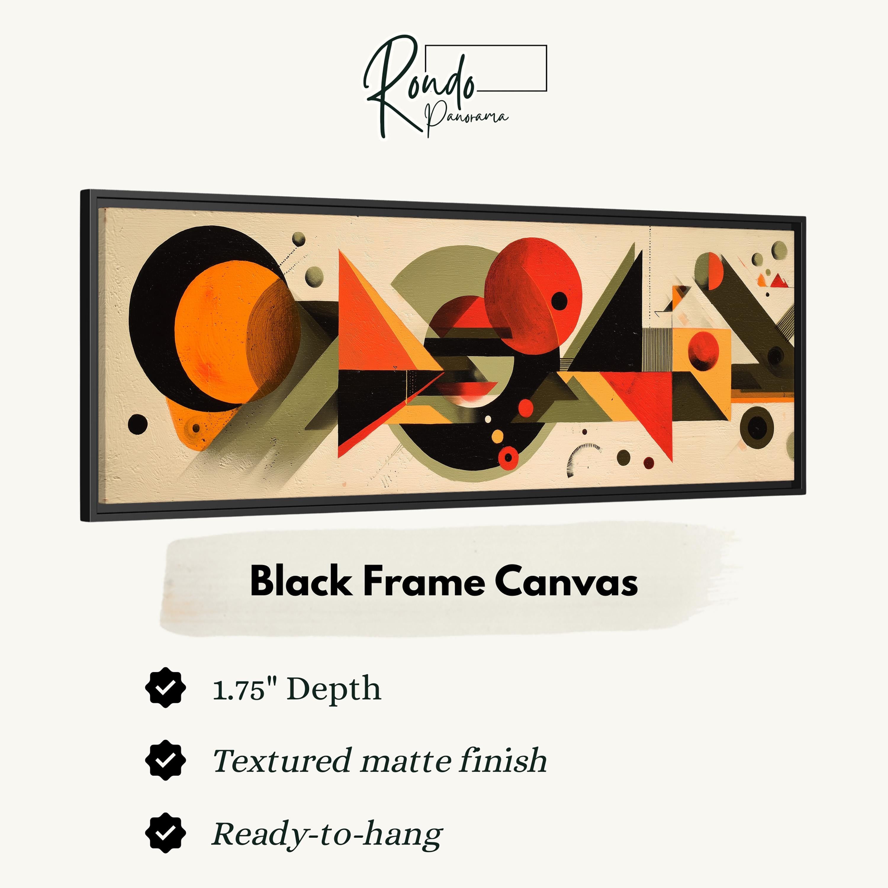 The image is a black frame canvas with a geometric abstract design featuring various shapes and colors.