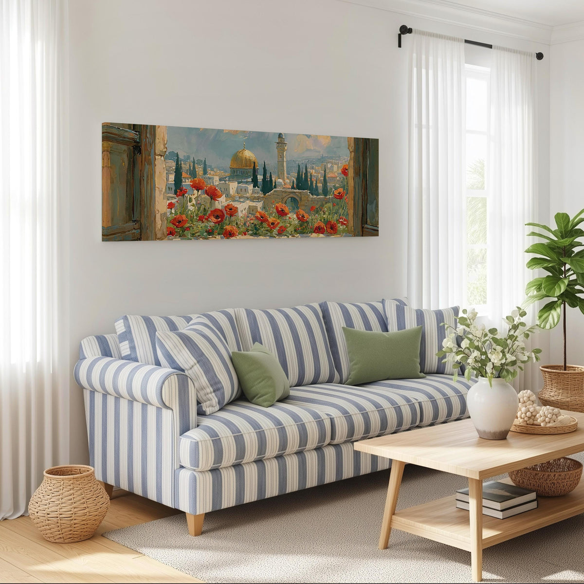 Jerusalem skyline through a window with poppies long horizontal canvas print above a striped sofa in a coastal living room