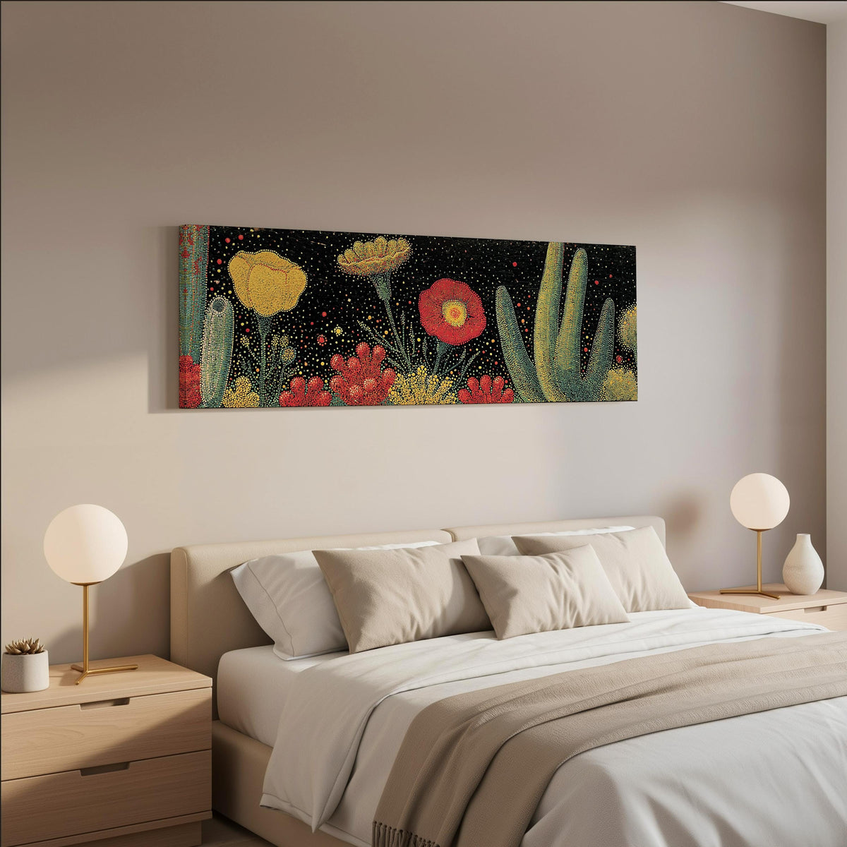 Desert blooms and cacti on black wide panoramic canvas print above a bed in a neutral bedroom