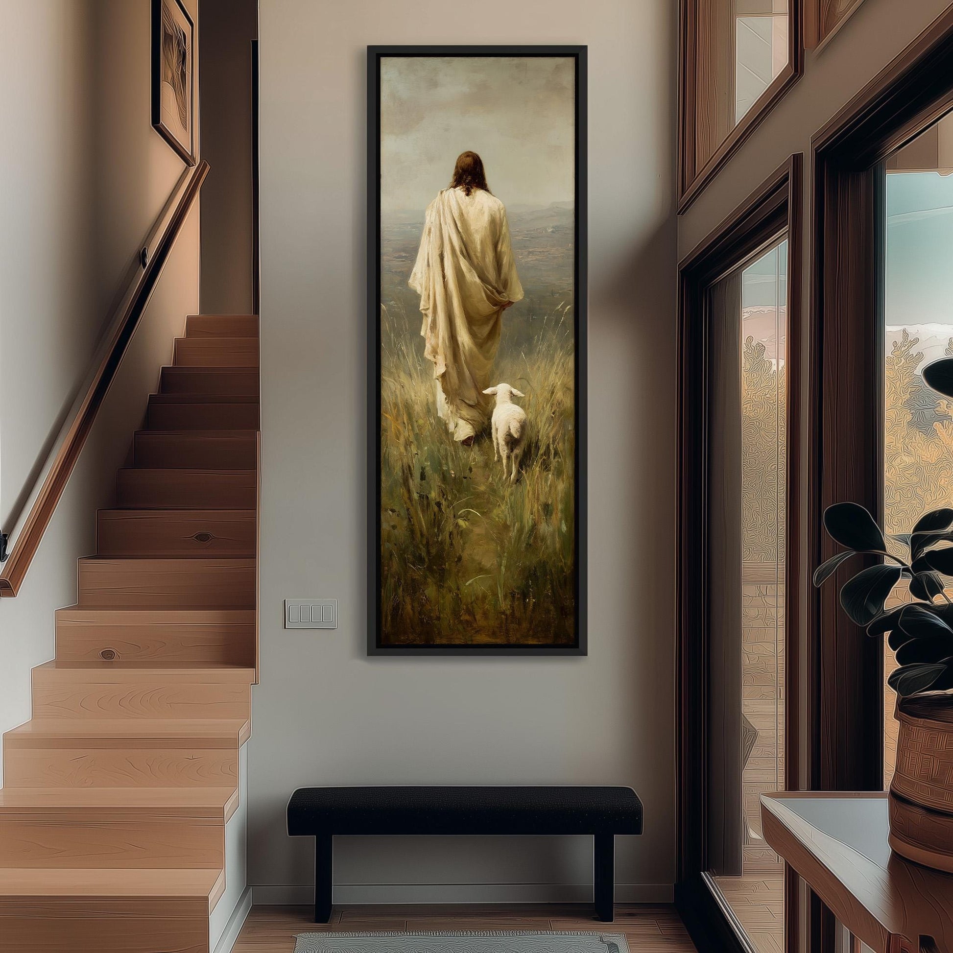 a serene indoor setting with a large painting of a shepherd and his sheep hanging on the wall. The painting is framed in black and is positioned above a black bench. The room has wooden stairs leading up to the painting, and a potted plant is visible in the background.