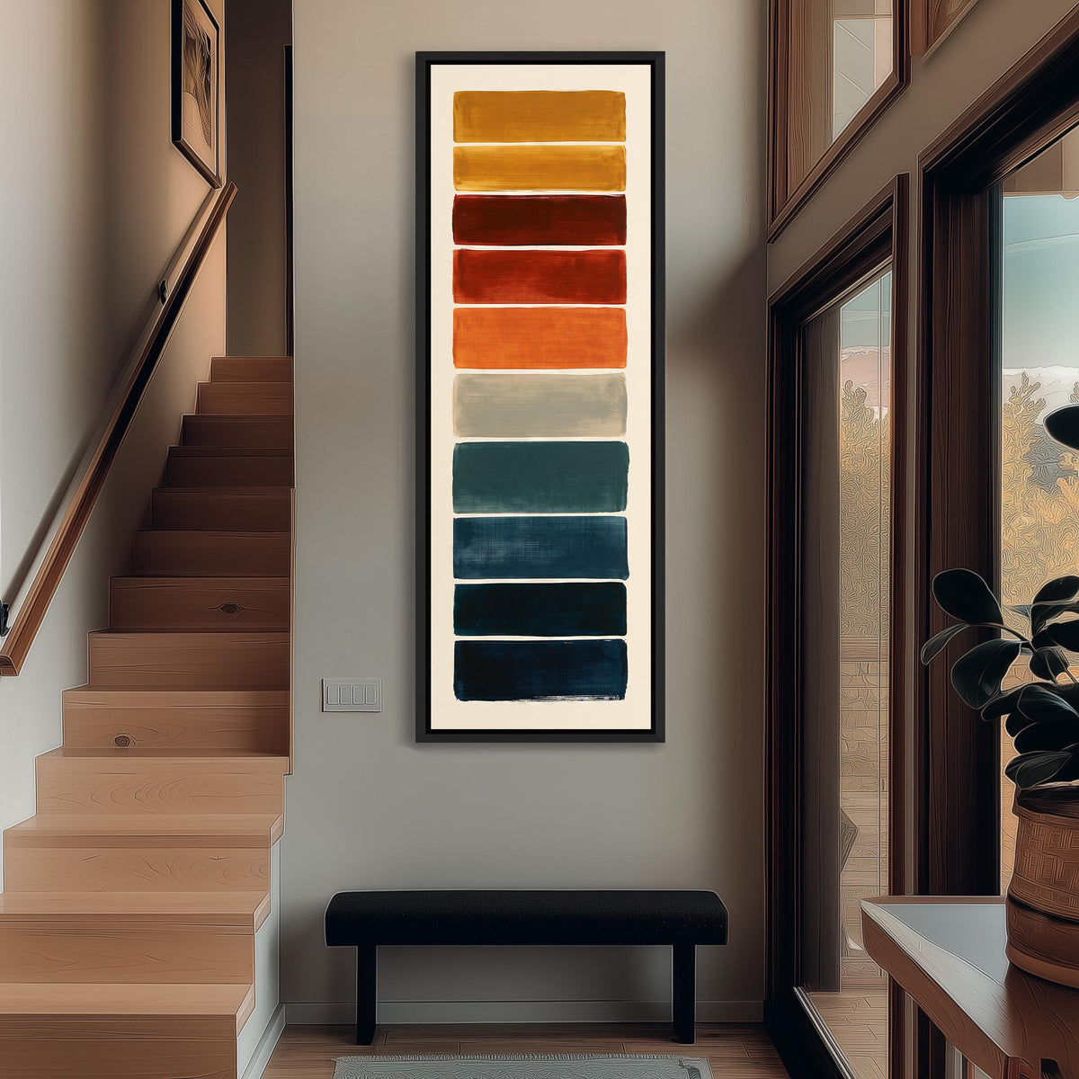 Stack of swatches from mustard to navy tall narrow canvas print beside a staircase in an entryway