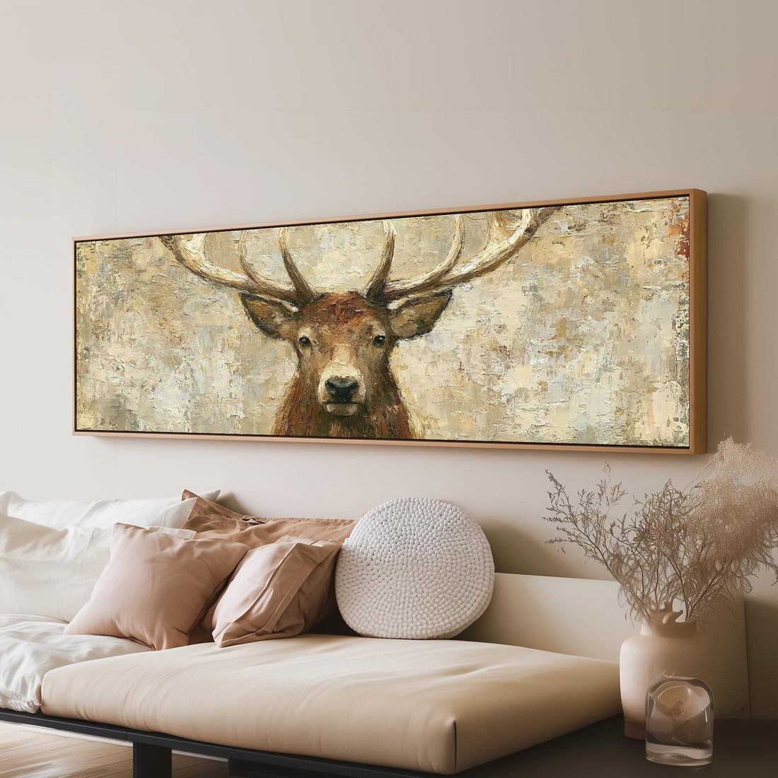 Rustic stag portrait long horizontal canvas print above a sofa in a living room