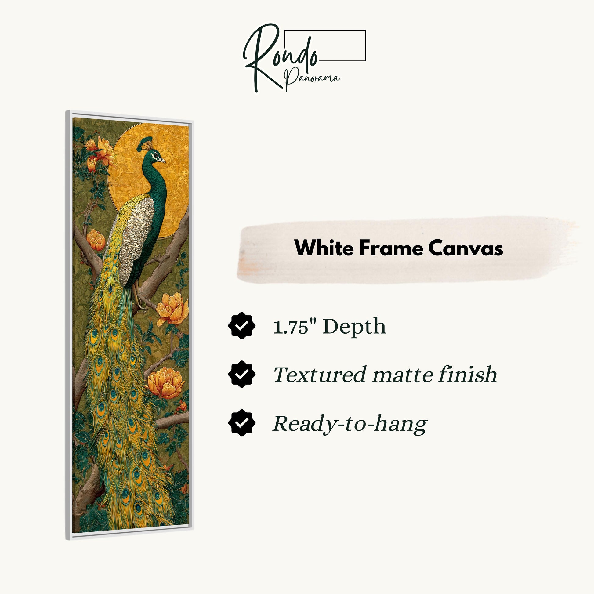 The image is a framed painting of a peacock, with a white frame and a description of the painting's features.