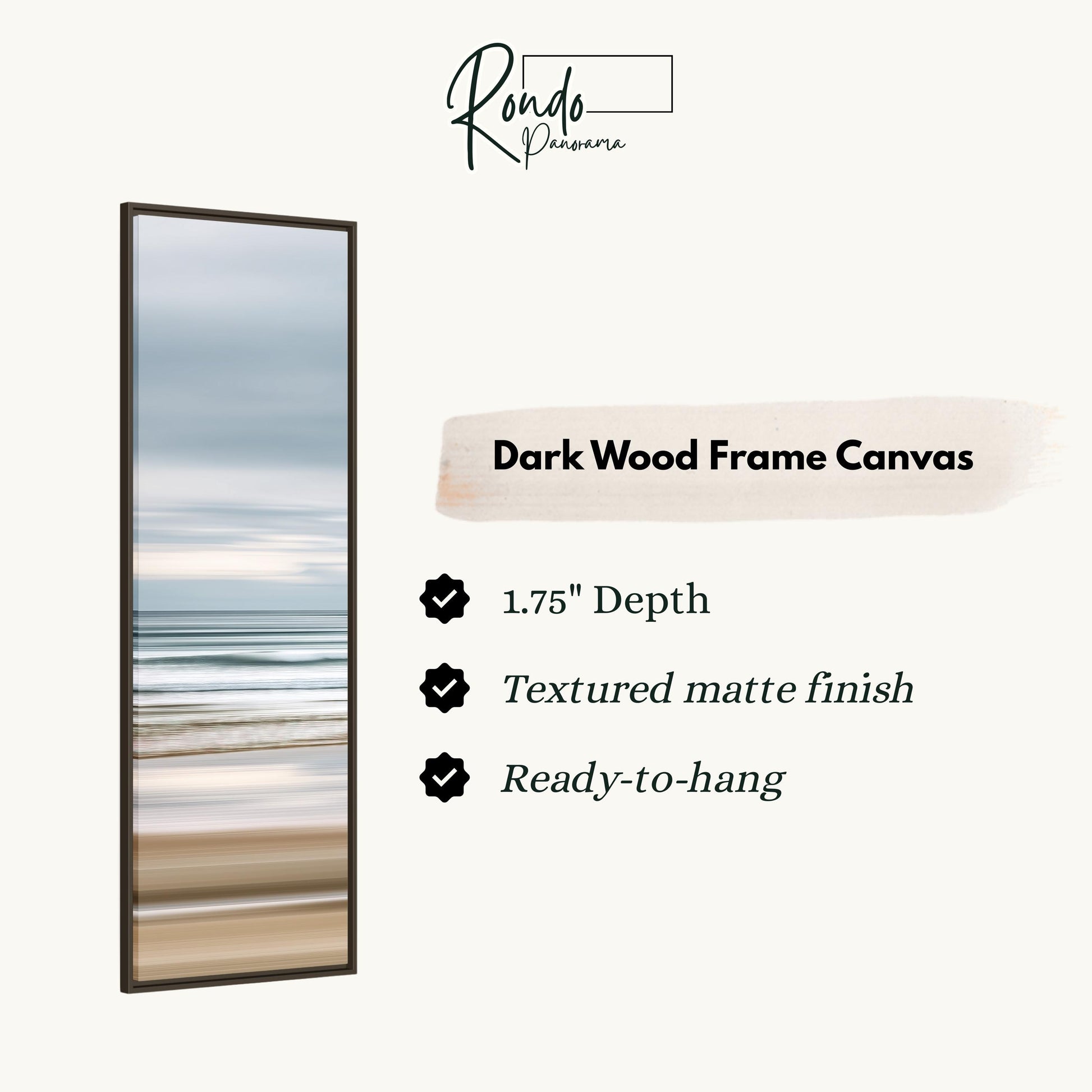 The image is a product description for a dark wood frame canvas. It features a 1.75" depth, textured matte finish, and is ready to hang.