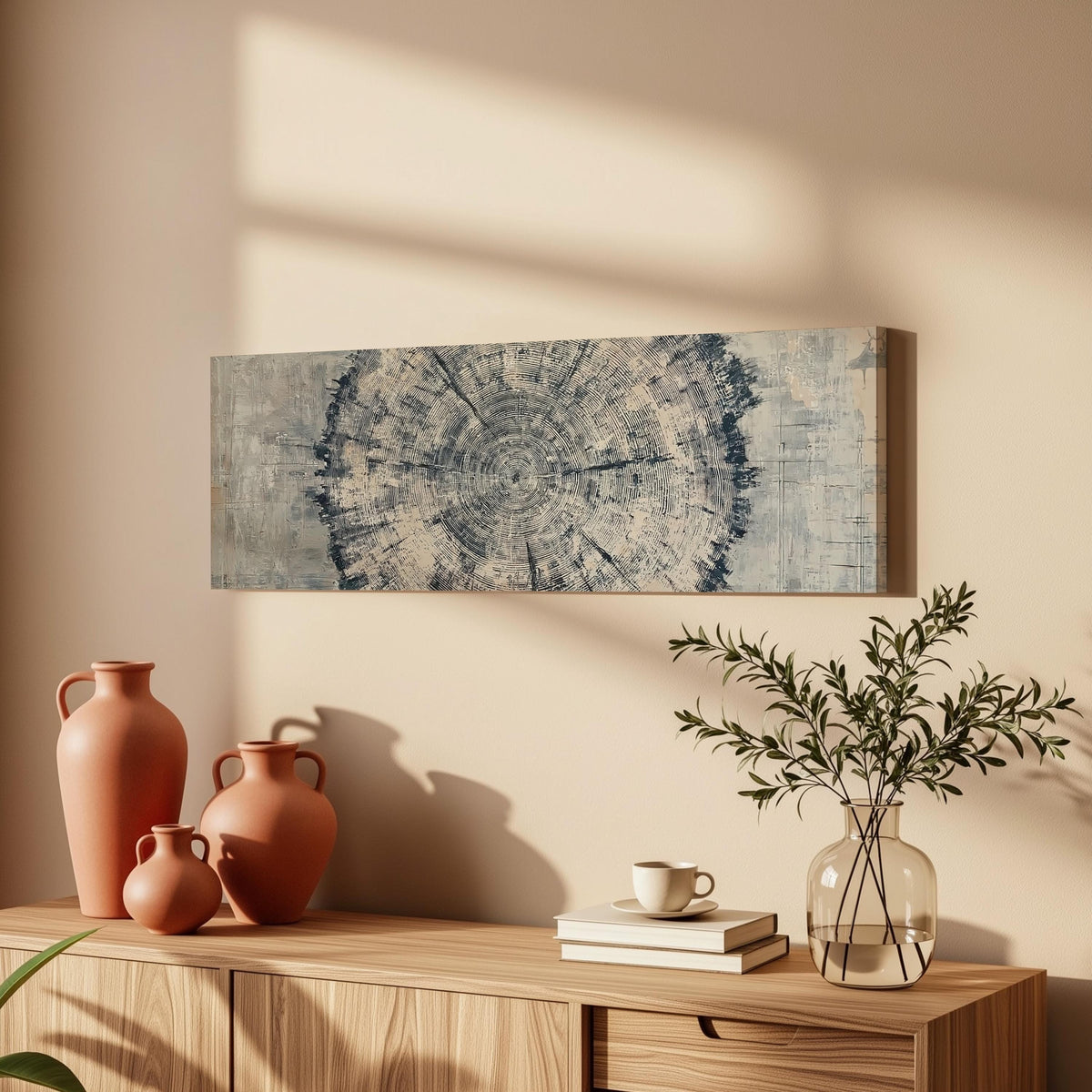 Navy ink tree ring long horizontal canvas print above a wooden sideboard