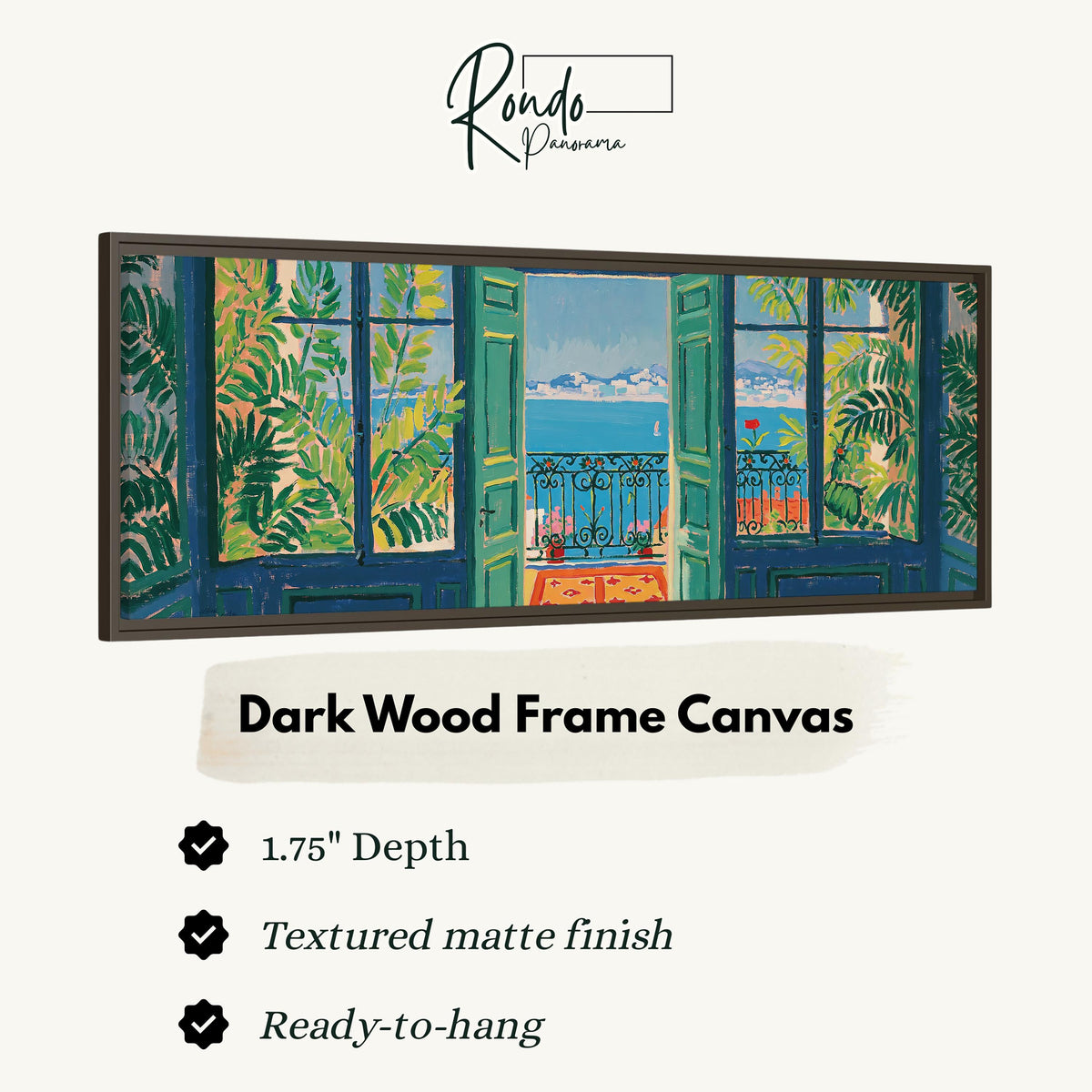 Riviera balcony view through open windows canvas print in a dark wood floating frame