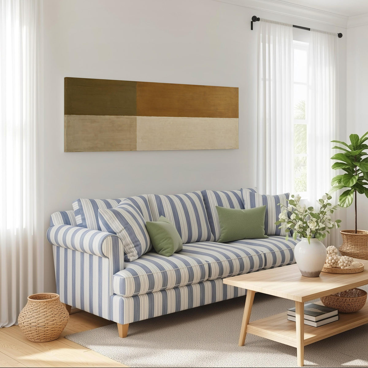 Olive and cream quadrants long horizontal canvas print above a striped sofa in a coastal living room