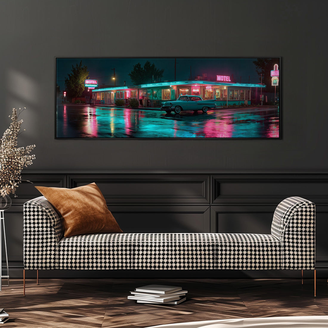 a large, colorful painting of a motel at night, with neon lights illuminating the scene. The painting is displayed on a wall above a black and white checkered sofa, creating a cozy and inviting atmosphere in the room.