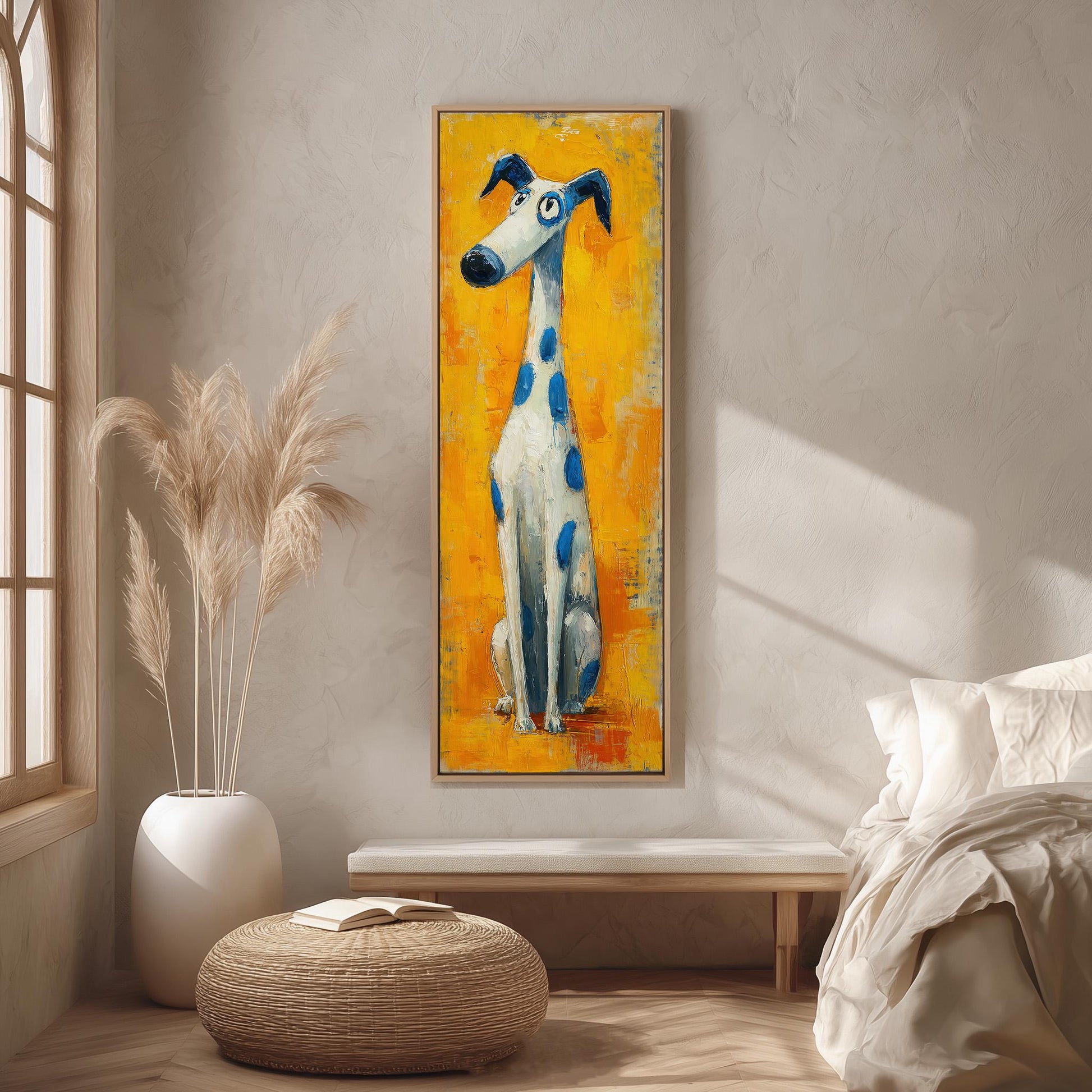 a large, colorful painting of a dog hanging on a wall in a room with a wooden floor and a white bed.