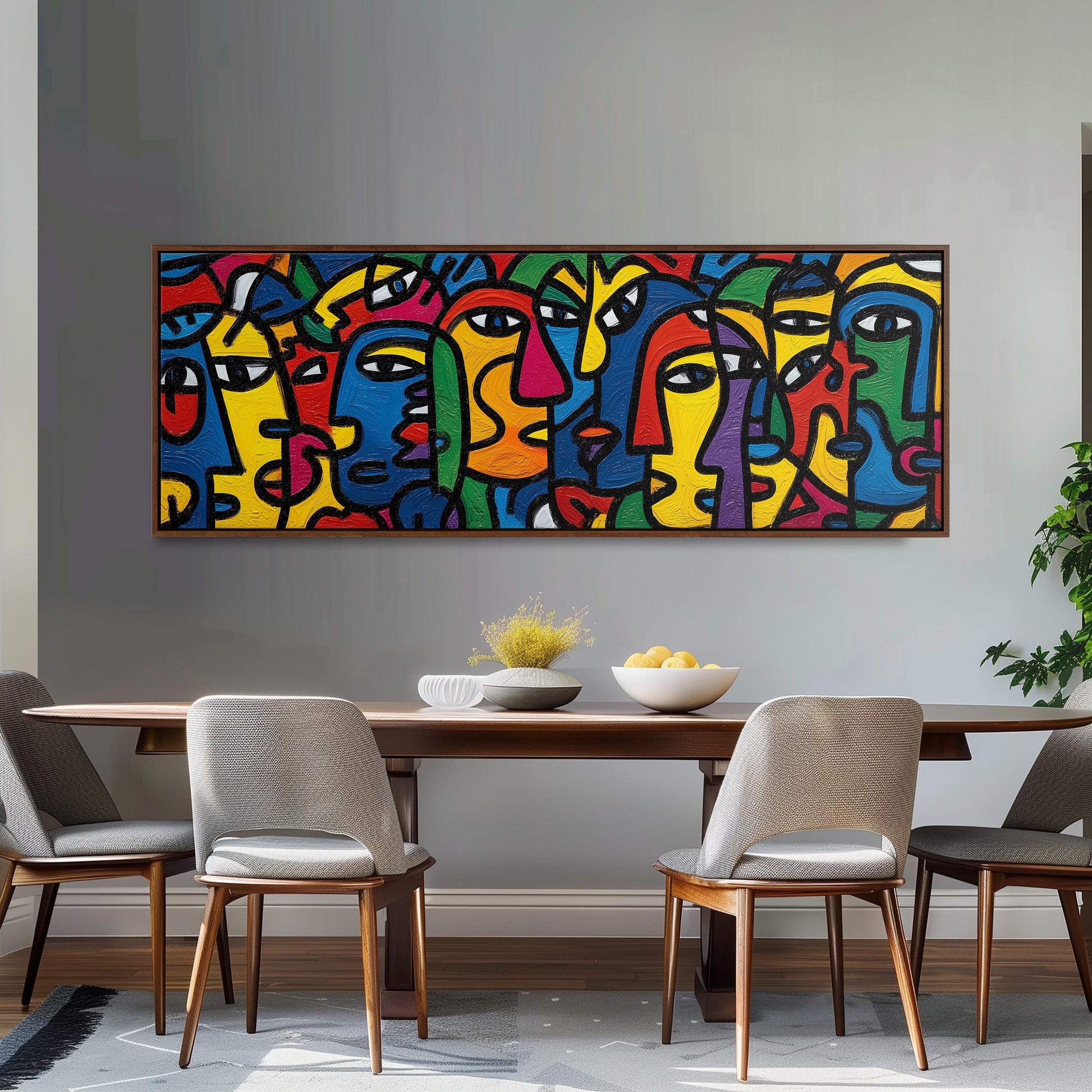 a modern dining room with a large abstract painting hanging on the wall above a wooden dining table. The table is set with a bowl of fruit and a vase of flowers, creating a welcoming atmosphere. The room is furnished with four chairs, two on each side of the table, and a potted plant is placed on the right side of the room.