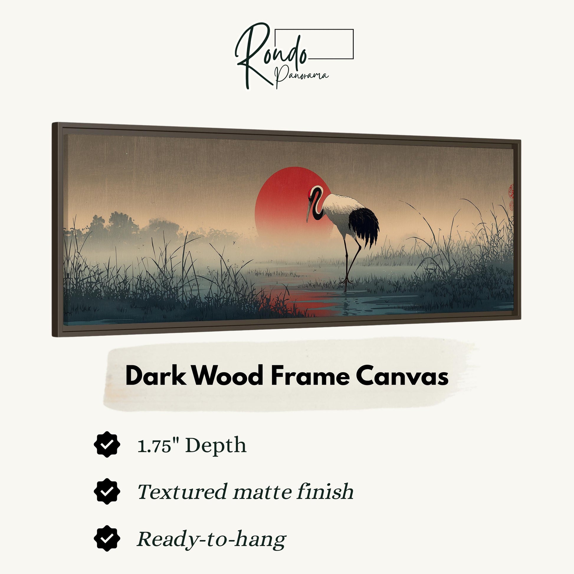 The image is a framed artwork depicting a crane standing in a misty landscape with a red sun in the background.