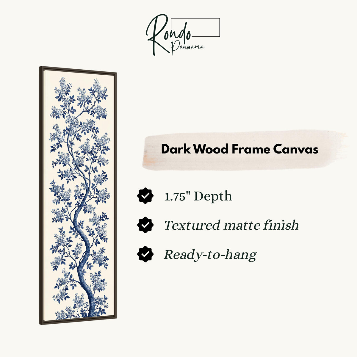 Blue chinoiserie blossom branch on cream canvas print in a dark wood floating frame