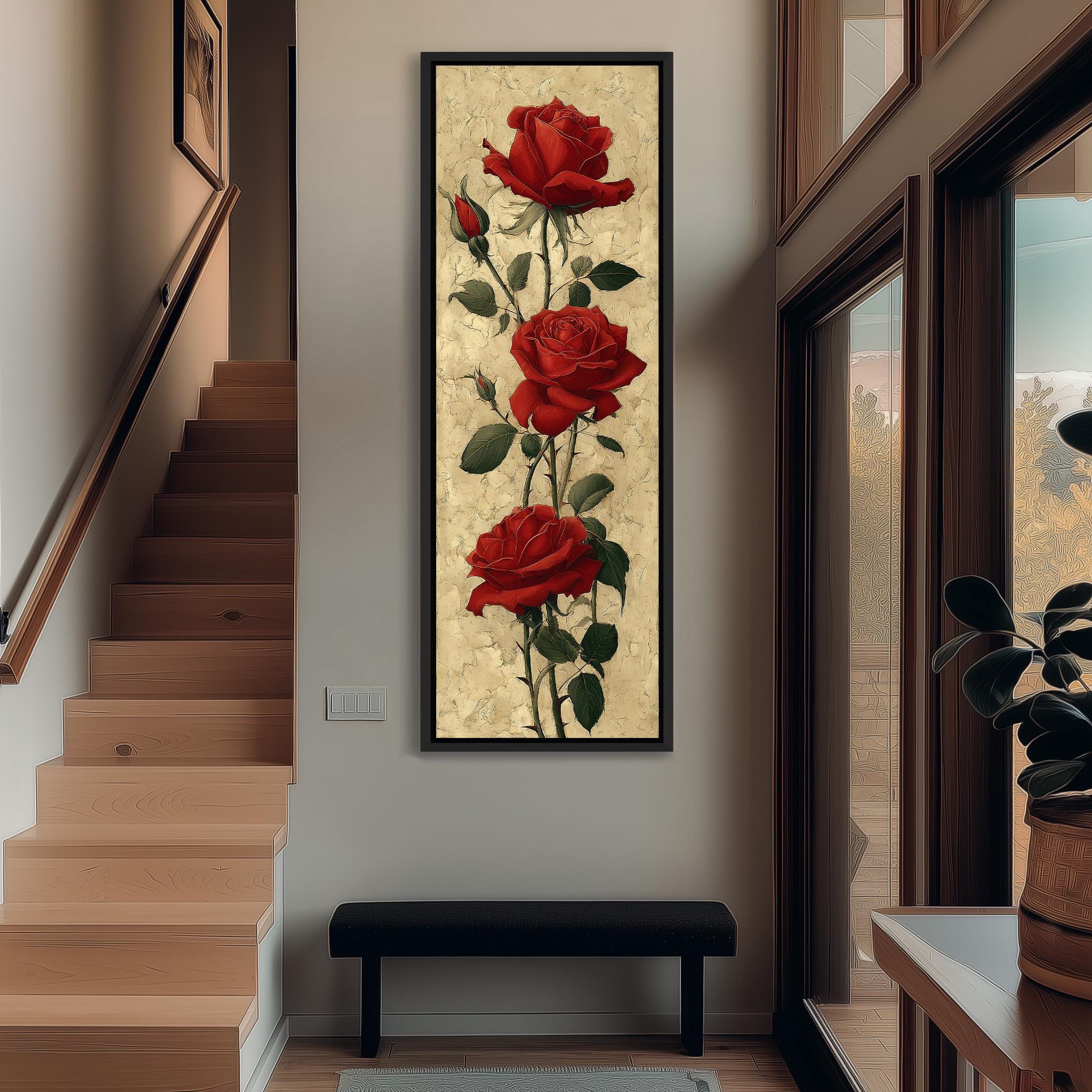 a large painting of three red roses hanging on the wall of a hallway.