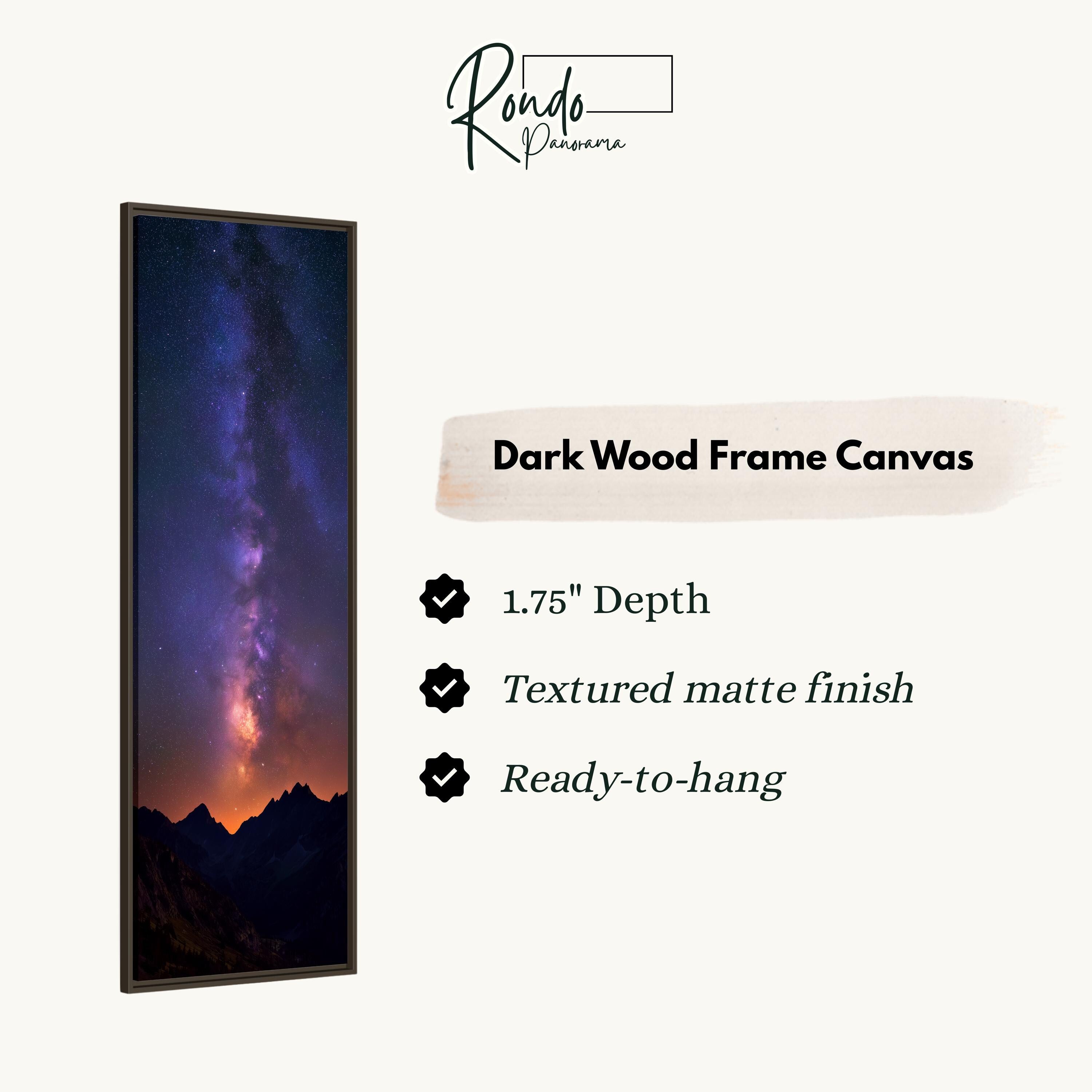 The image is a dark wood frame canvas depicting a night sky with a galaxy.