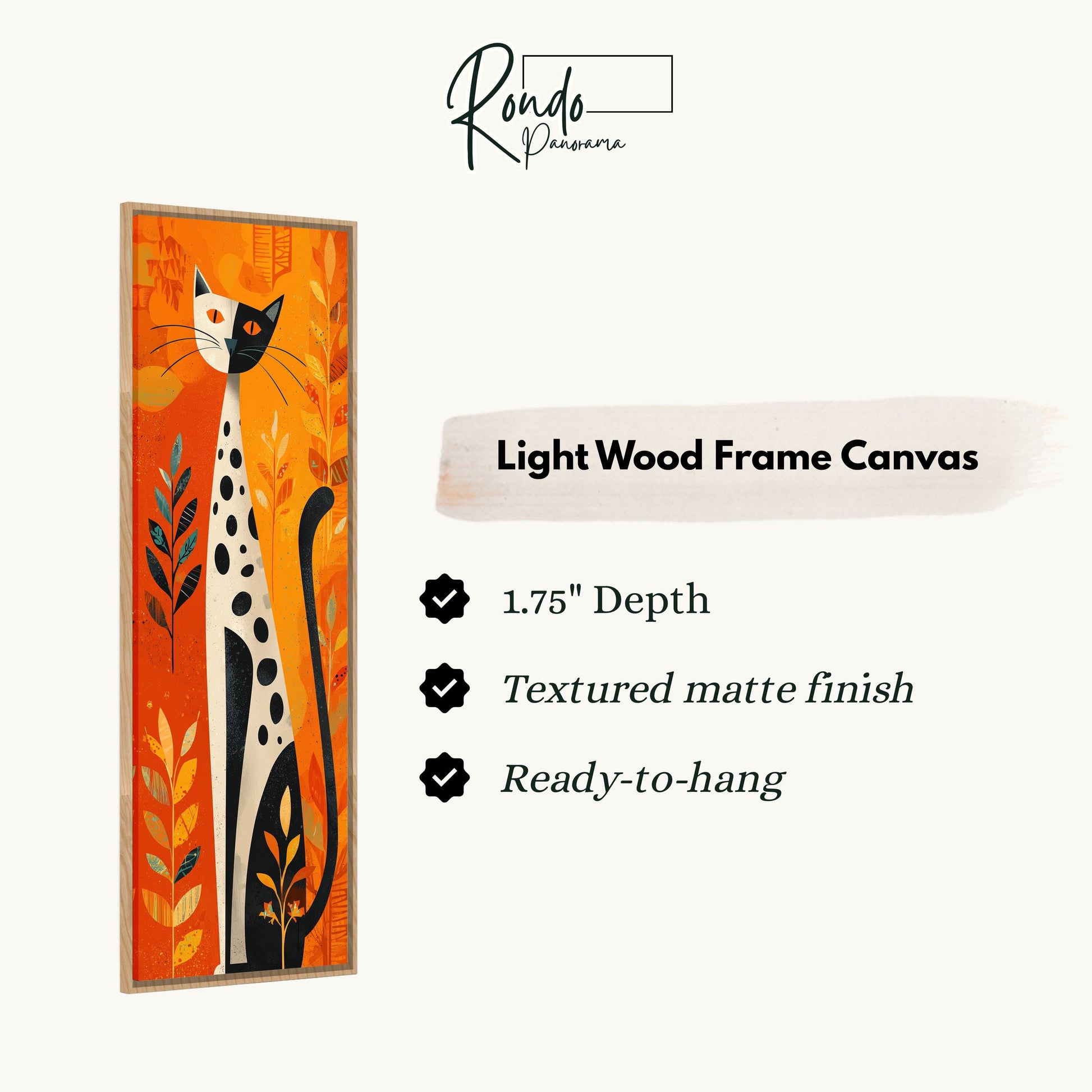 The image is a light wood frame canvas featuring an illustration of a cat with a dotted pattern.