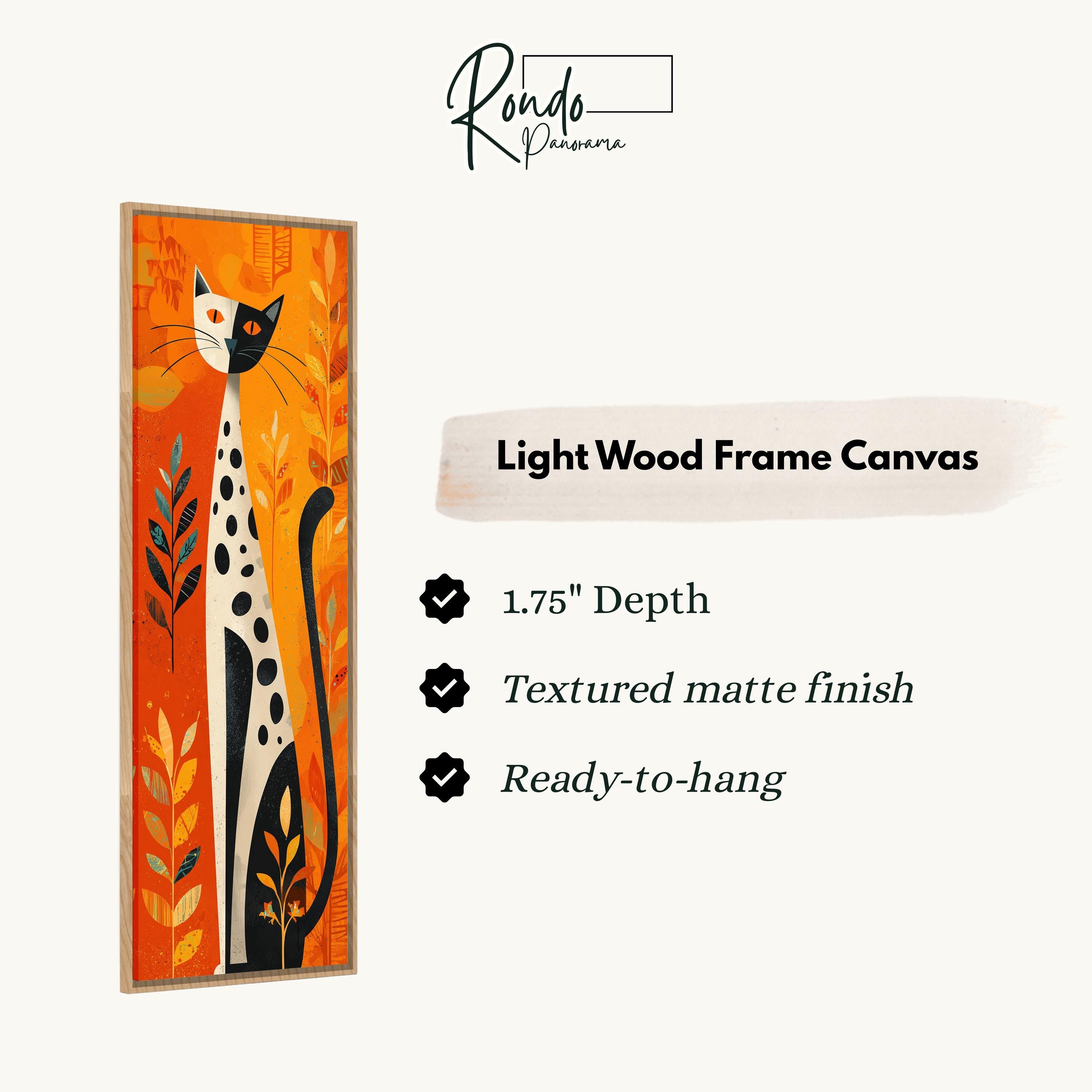 The image is a light wood frame canvas featuring an illustration of a cat with a dotted pattern.