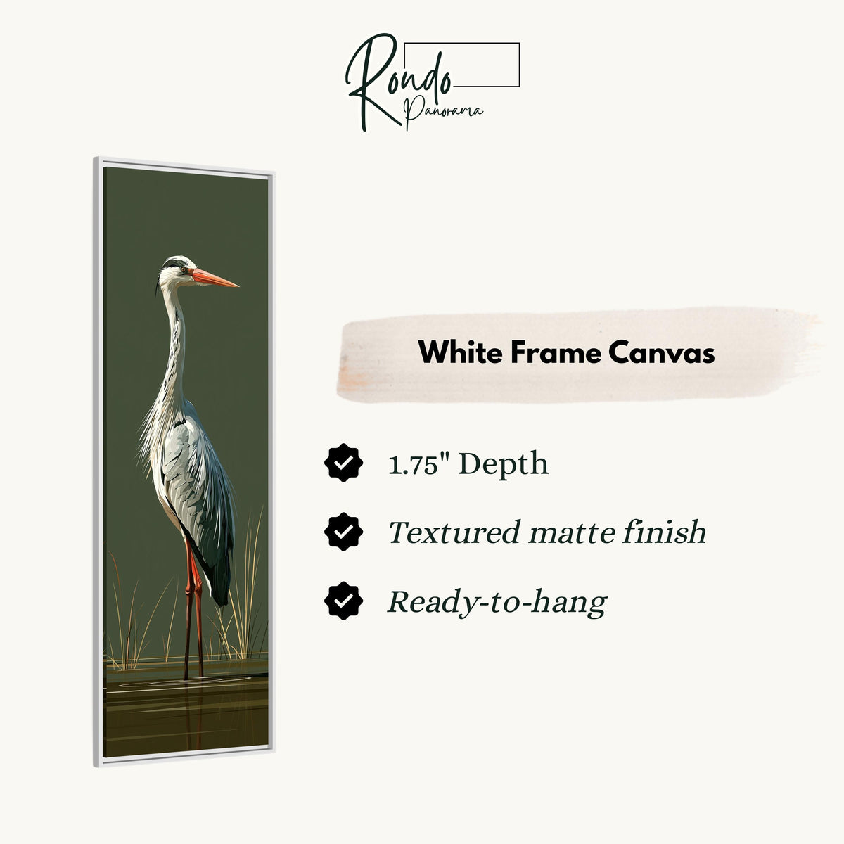 Grey heron standing on olive green canvas print in a white floating frame