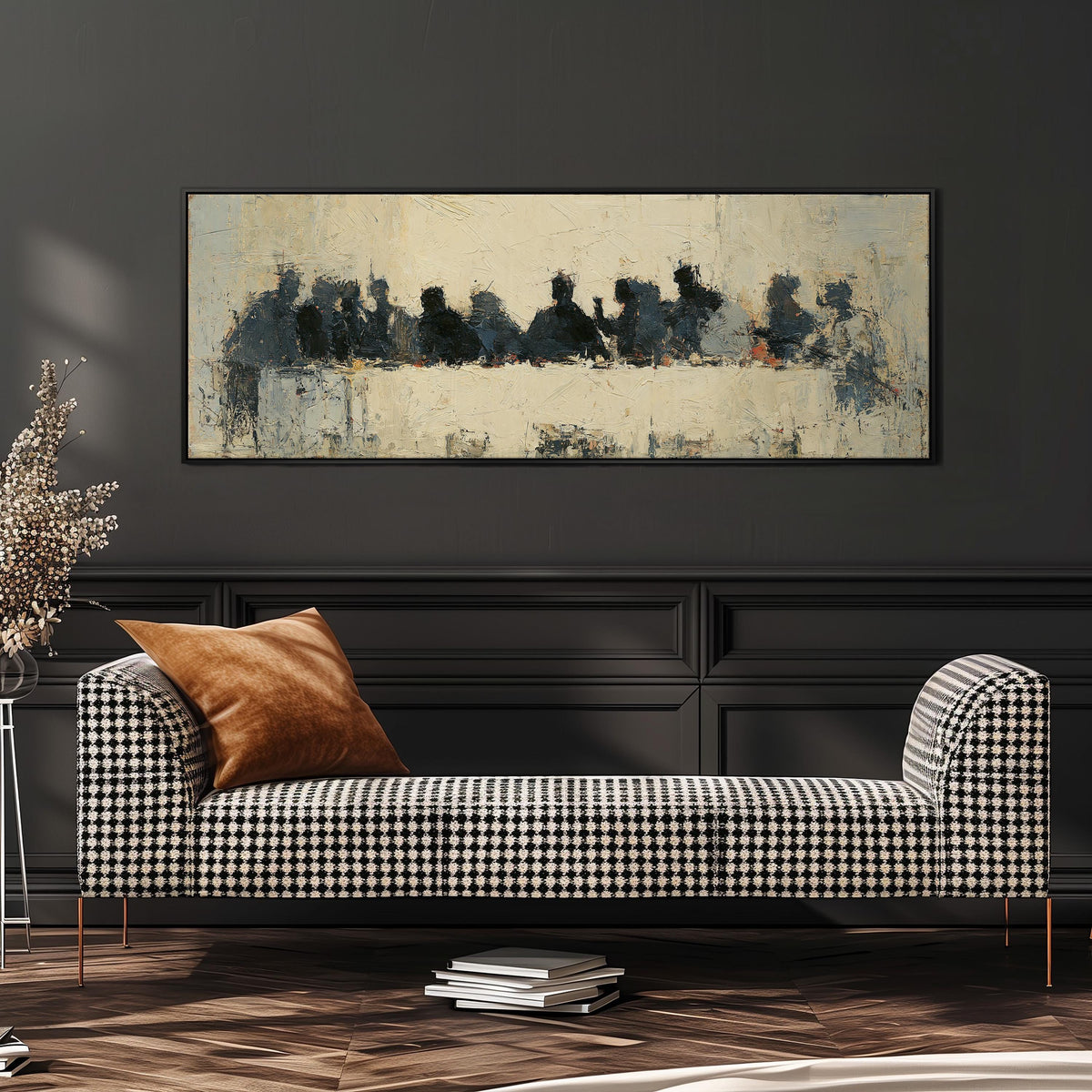 Abstract silhouette Last Supper wide panoramic canvas print above a bench in a dark living room