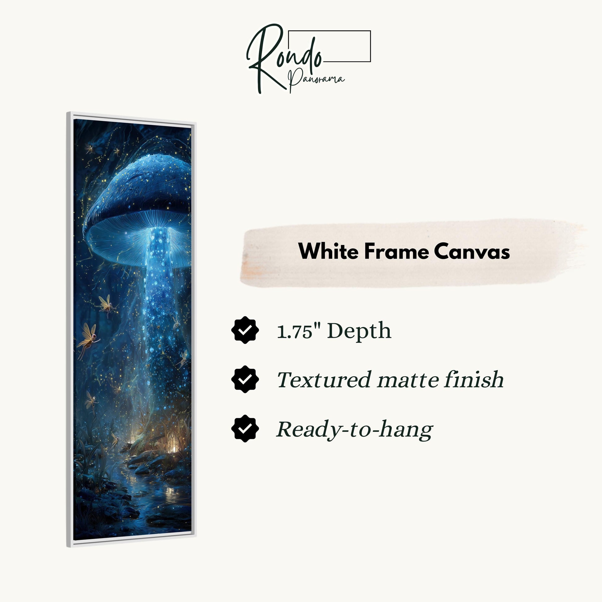 The image is a white frame canvas depicting a mushroom-like creature with a glowing blue and purple aura, surrounded by a night sky filled with stars and a waterfall.