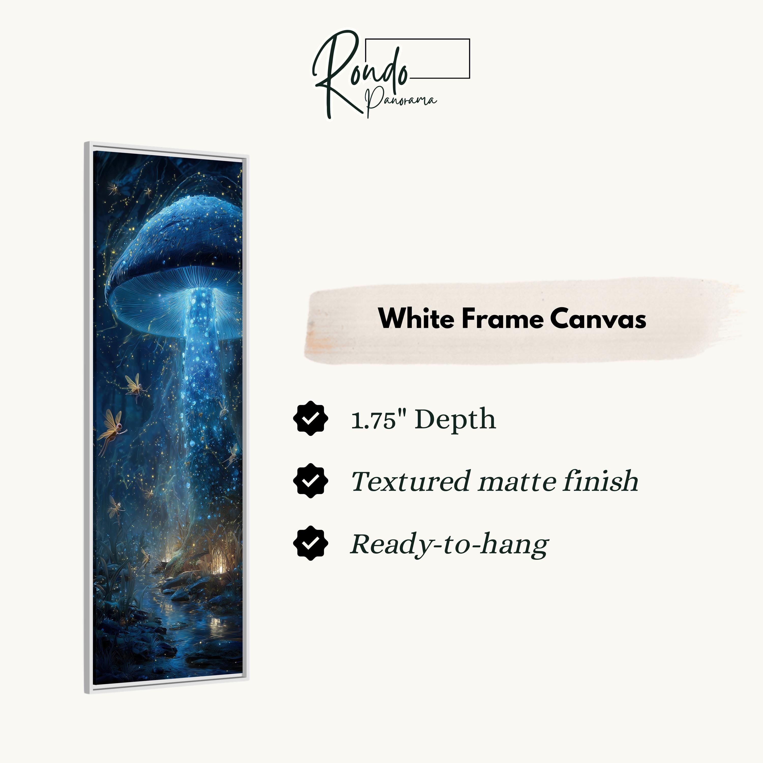 The image is a white frame canvas depicting a mushroom-like creature with a glowing blue and purple aura, surrounded by a night sky filled with stars and a waterfall.