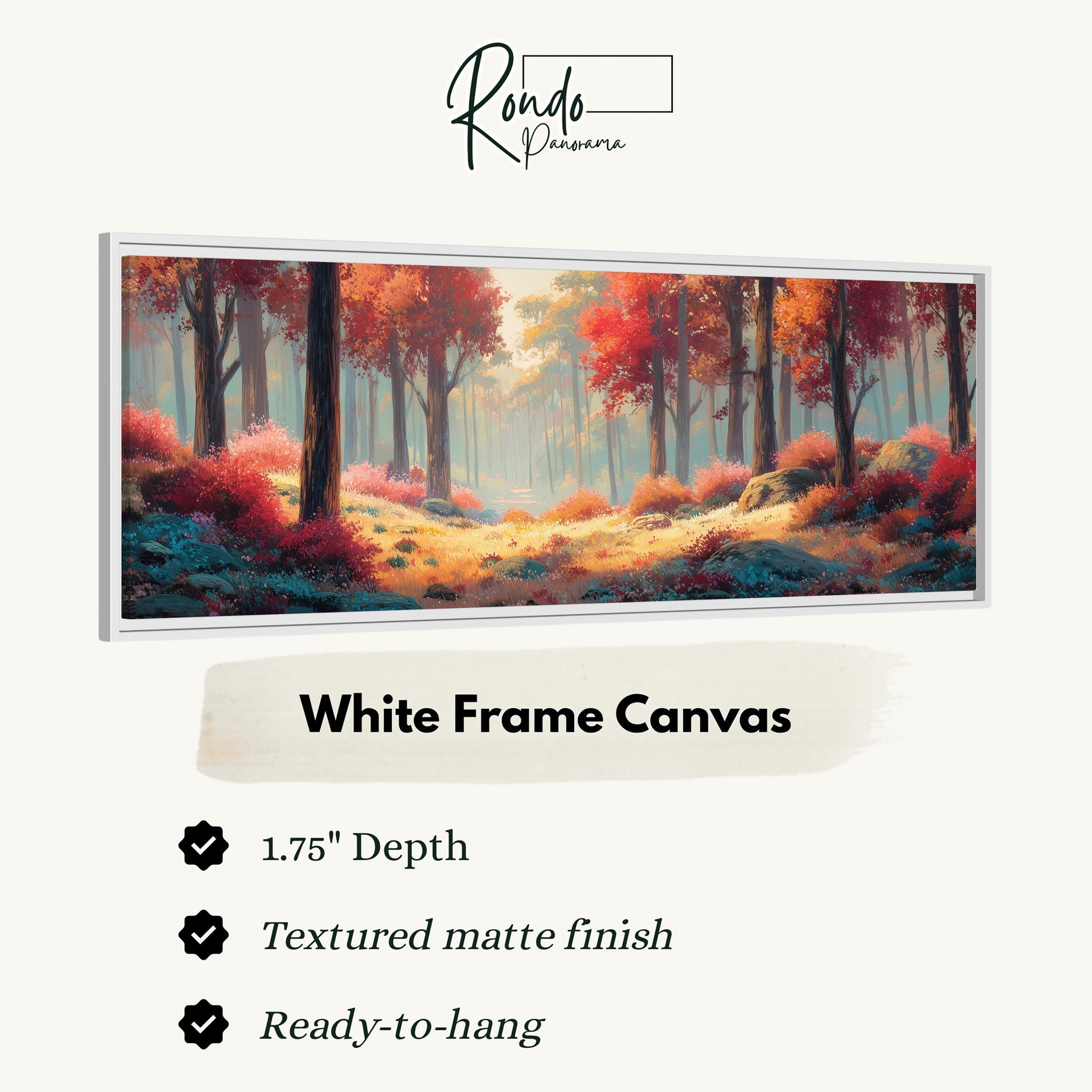 The image is a white frame canvas depicting a forest scene with trees and foliage in autumn colors.